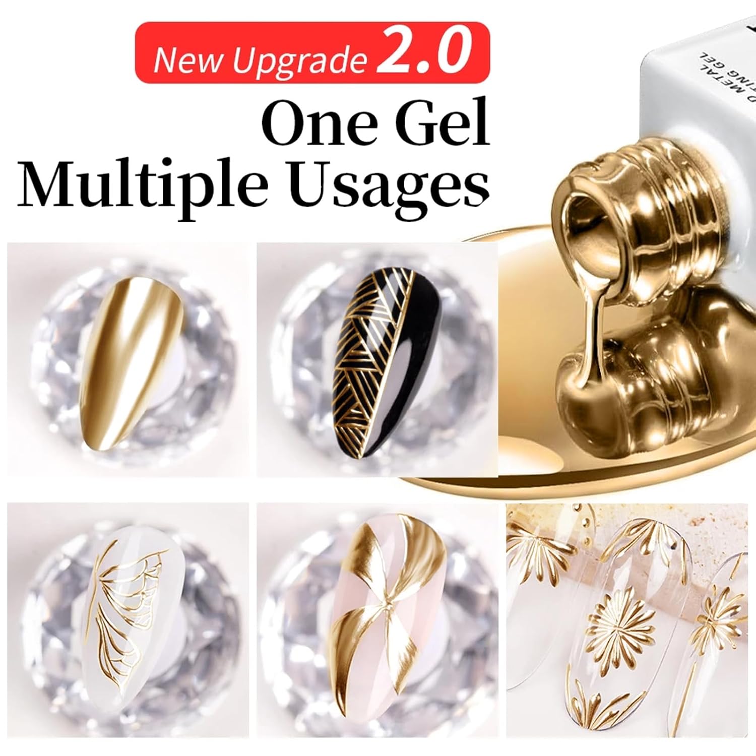Metallic Mirror Painting Liner Gel Polish, Gold Metal Painted Drawing Gel with Build in Thin Brush, Mirror Chrome Gel Polish Nail Art Gel Liner Soak Off DIY Nail Art Manicure - Image 2