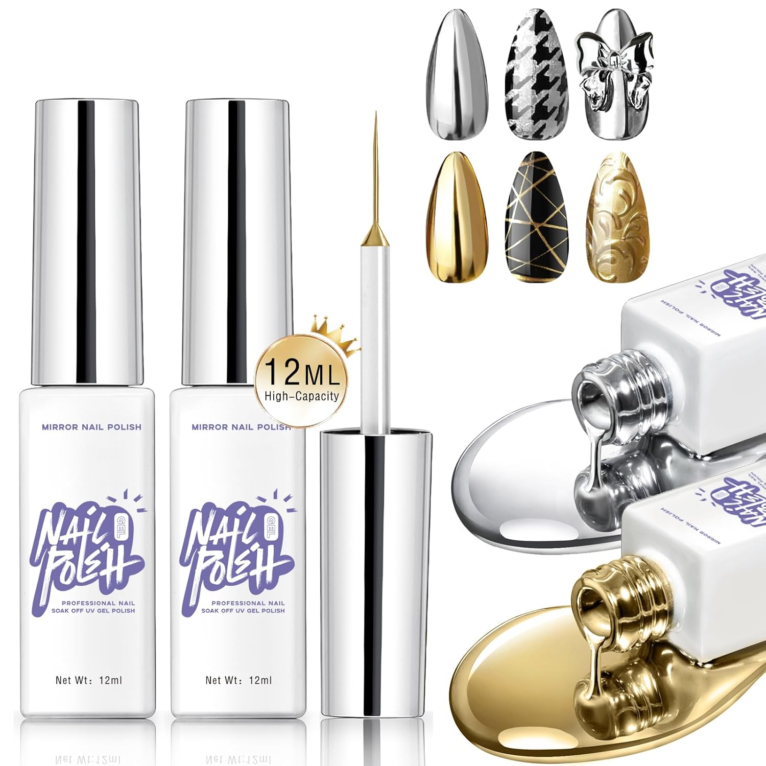 Metallic Mirror Painting Nail Polish, 2x12ml Silver Gold Painted Drawing Striper Gel Build in Thin Brush, Mirror Chrome Effect Nail Art Soak off UV/LED Glossy Metal Gel Liner DIY Nail Manicure