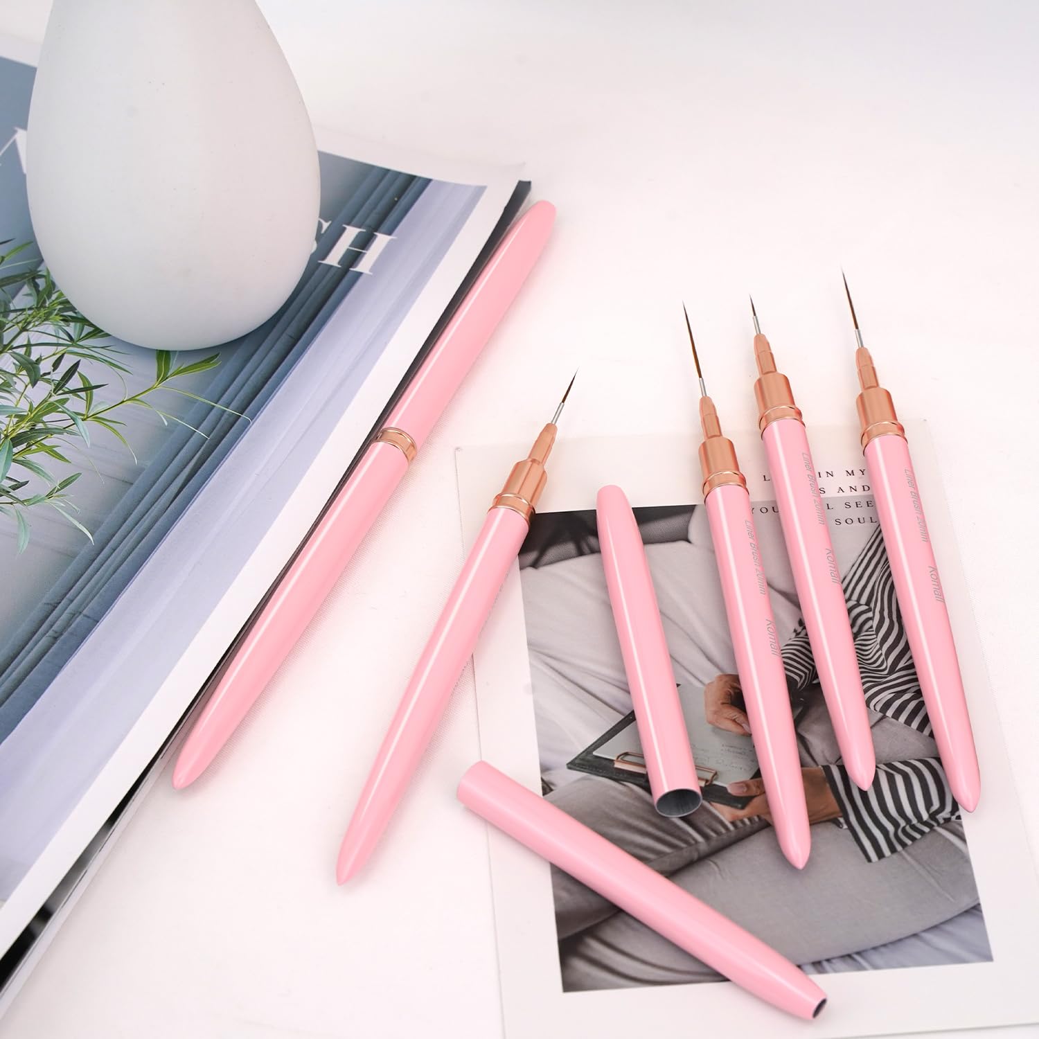 Metallic Nail Art Brushes, 5Pcs Liner Brush Set, UV Gel Polish Painting Art Design Pen for Long Lines, Thin Details, Fine Drawing Sizes 4/8/12/20/25mm(Pink) - Image 5