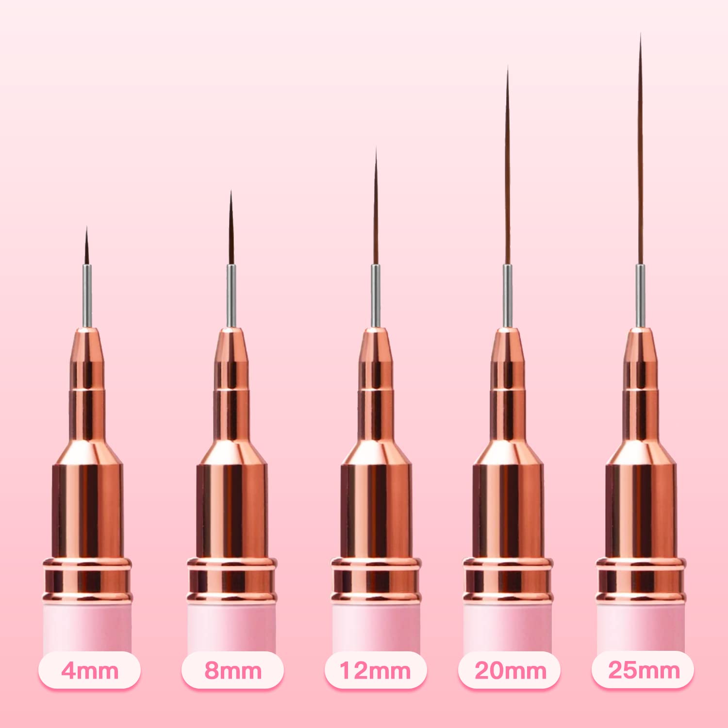Metallic Nail Art Brushes, 5Pcs Liner Brush Set, UV Gel Polish Painting Art Design Pen for Long Lines, Thin Details, Fine Drawing Sizes 4/8/12/20/25mm(Pink) - Image 4