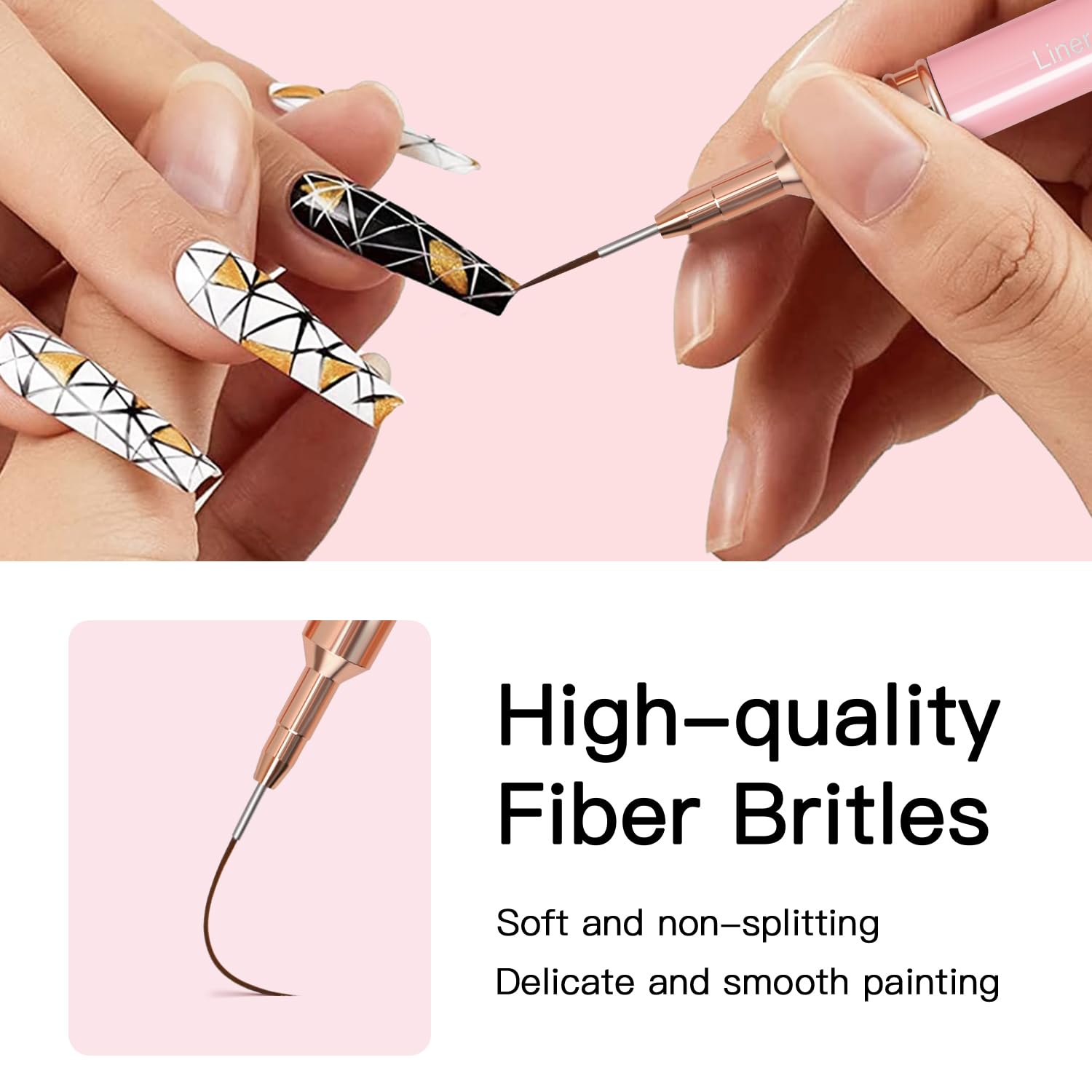 Metallic Nail Art Brushes, 5Pcs Liner Brush Set, UV Gel Polish Painting Art Design Pen for Long Lines, Thin Details, Fine Drawing Sizes 4/8/12/20/25mm(Pink) - Image 3