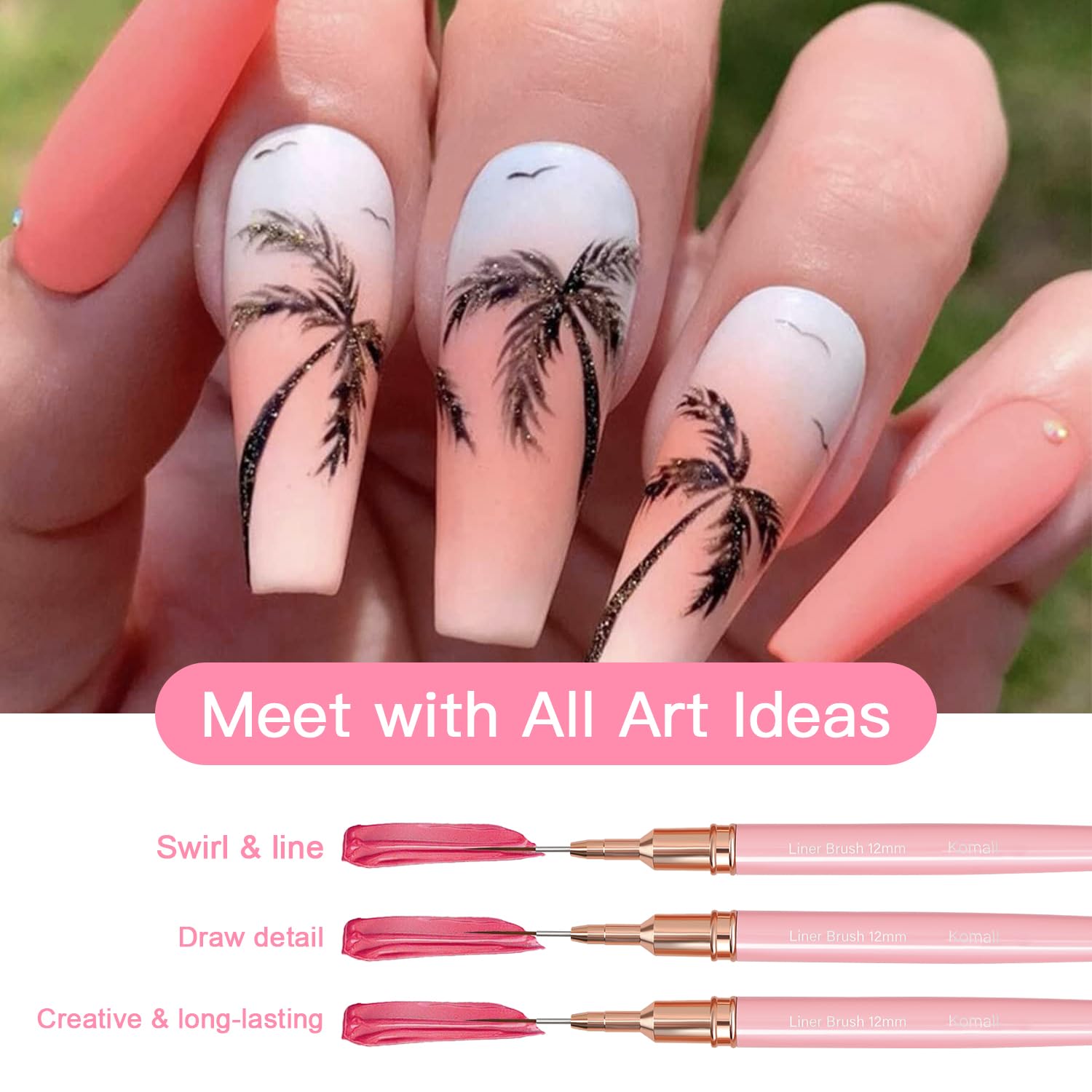 Metallic Nail Art Brushes, 5Pcs Liner Brush Set, UV Gel Polish Painting Art Design Pen for Long Lines, Thin Details, Fine Drawing Sizes 4/8/12/20/25mm(Pink) - Image 2