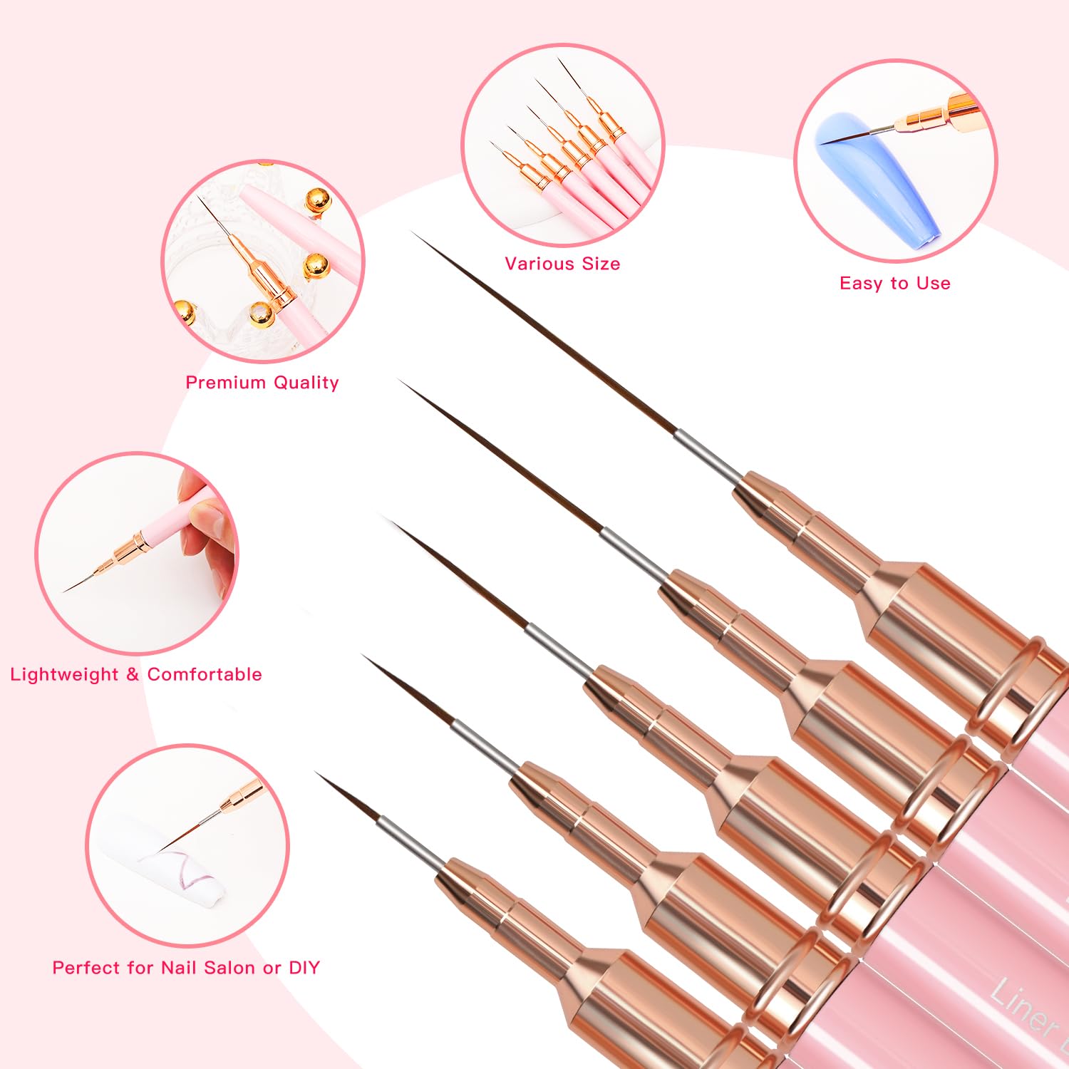Metallic Nail Art Brushes, 5Pcs Liner Brush Set, UV Gel Polish Painting Art Design Pen for Long Lines, Thin Details, Fine Drawing Sizes 4/8/12/20/25mm(Pink) - Image 6