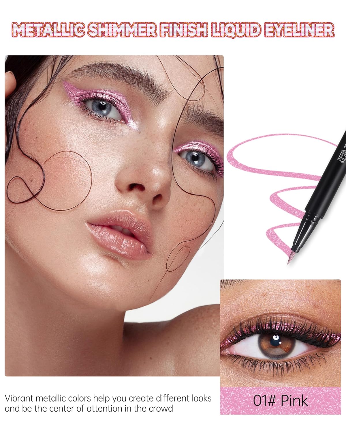 Metallic Pink Glitter Liquid Eyeliner, Diamond Shimmer Waterproof Eyeliner Pen, Sparkle Colored Eyeliner Long-Lasting, Ultra-Fine Tip Smudge-Proof, Quick-Drying, High Pigmented Eye Makeup for Women-01 - Image 2