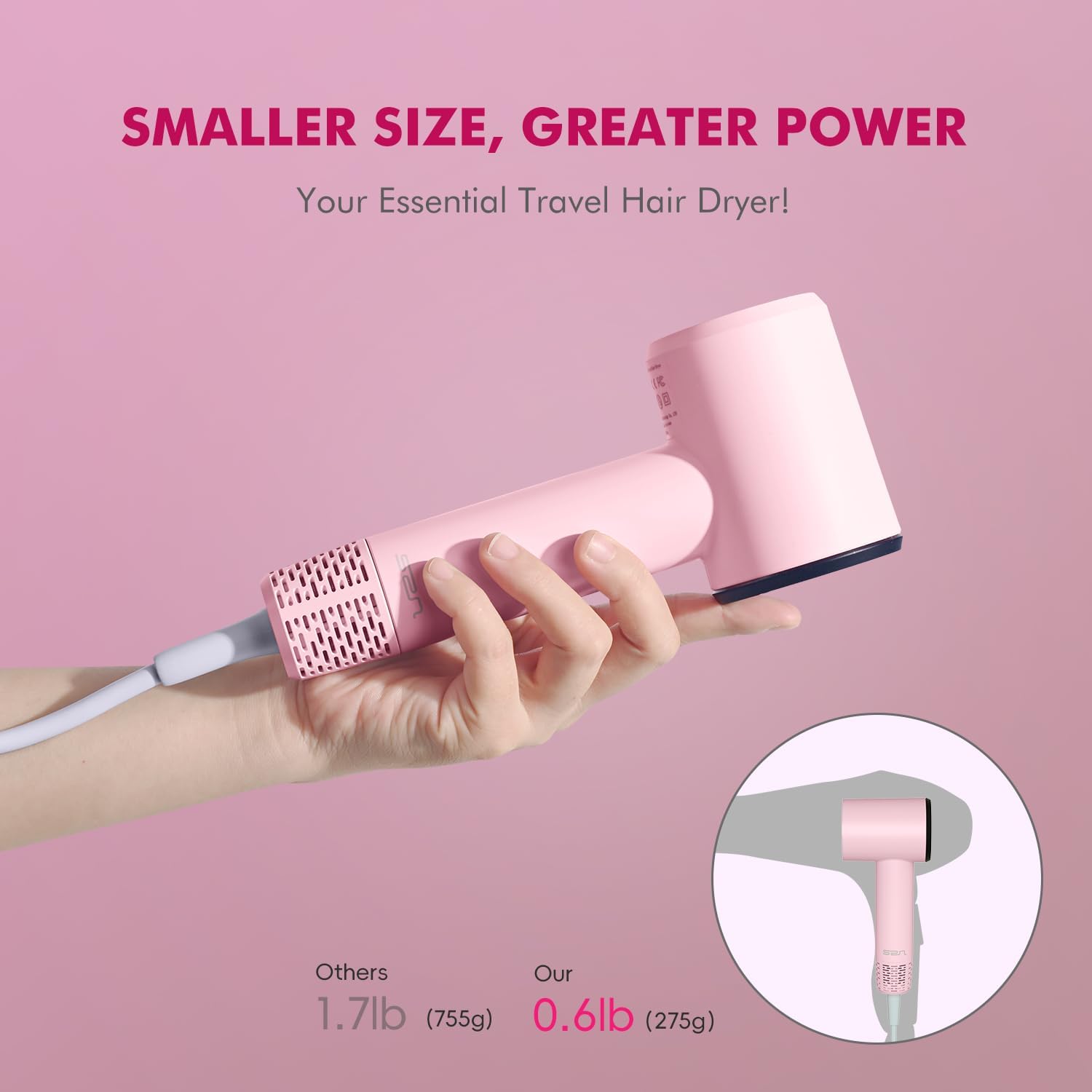 Pink Mini Travel Hair Dryer for Women, 110000 RPM High-Speed Compact Blow Dryer, Portable Fast Drying, Low Noise, Magnetic Nozzle - Image 2