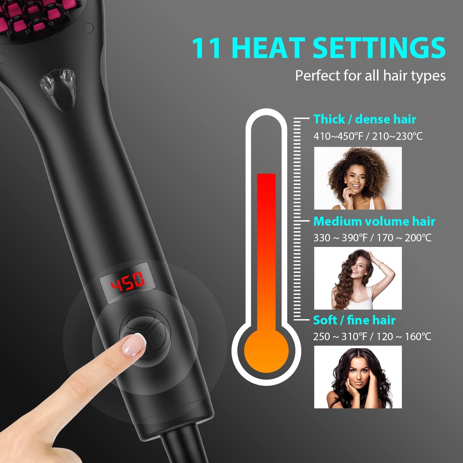 MiroPure Hair Straightener Brush Heated Straightening Brush with Ionic Generator, 30s Fast MCH Ceramic Even Heating, 11 Temperature Control, Professional Straightener Comb for Straightening (Black) - Image 4
