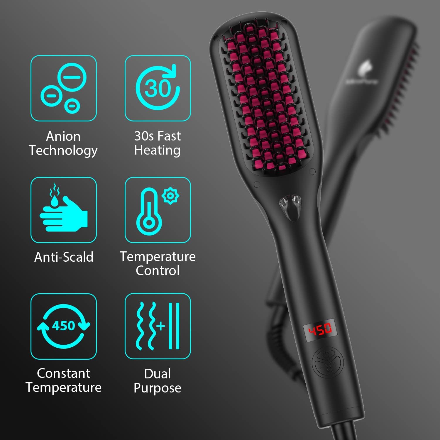 MiroPure Hair Straightener Brush Heated Straightening Brush with Ionic Generator, 30s Fast MCH Ceramic Even Heating, 11 Temperature Control, Professional Straightener Comb for Straightening (Black) - Image 6