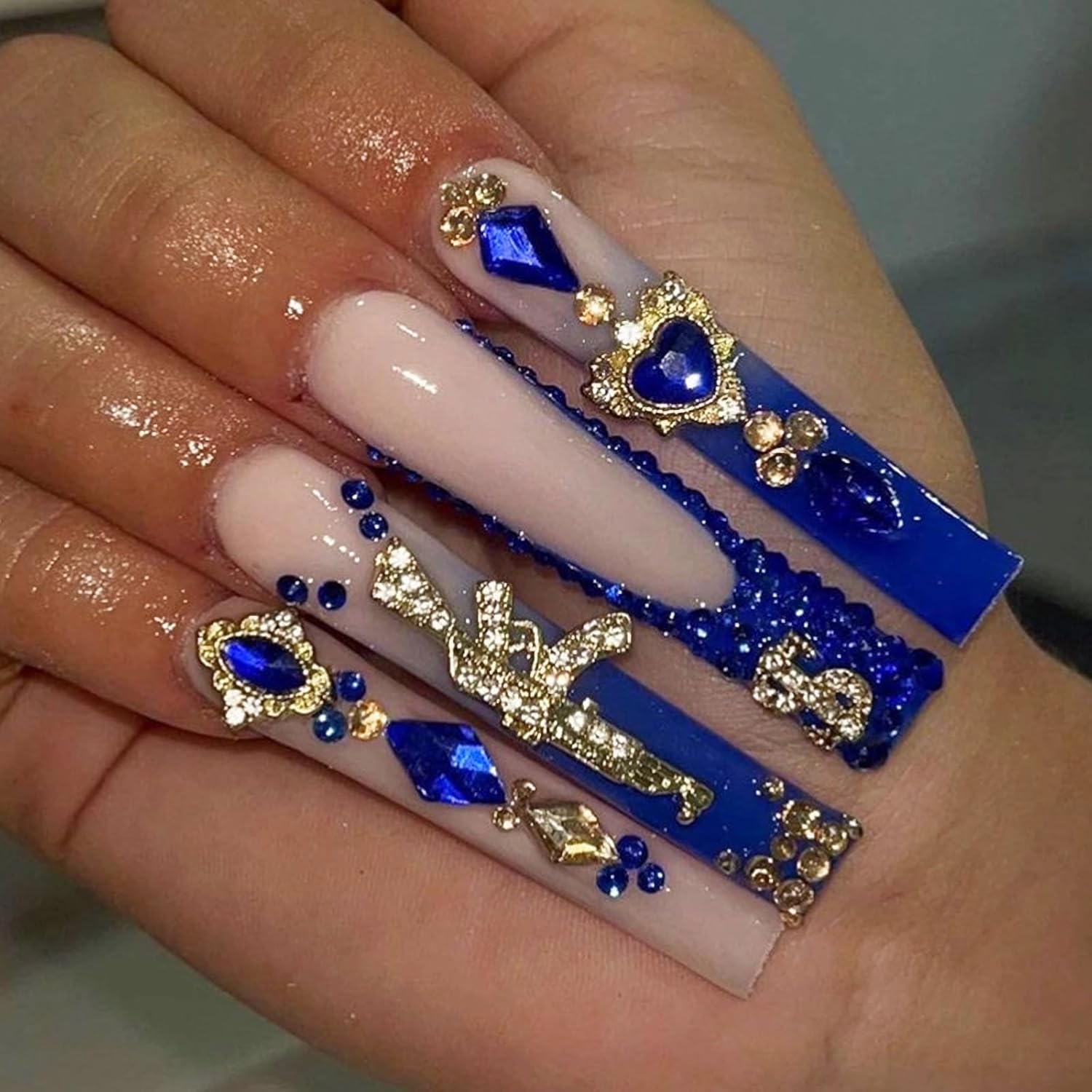 MISUD Press on Nails Long Square Fake Nails Glossy Glue on Nails Royal Blue Acrylic Nails Squoval Artificial Nails Y2K Gun Rhinestone Stick on False Nails with Design 24 pcs