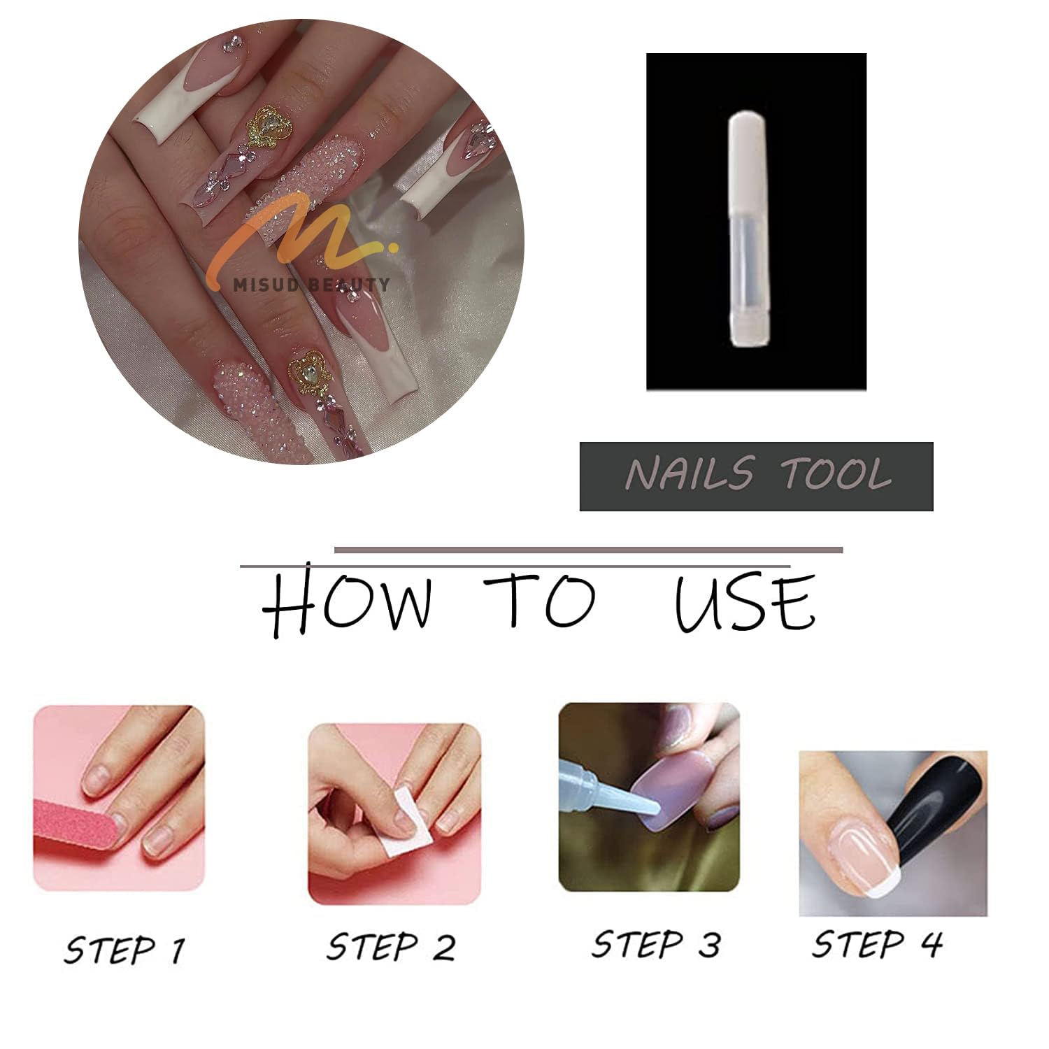 MISUD Press on Nails Long Square Fake Nails Glossy Glue on Nails White French Tip Acrylic Nails Squoval Artificial Nails Rhinestone Stick on False Nails with Bling Glitter Design 24 pcs - Image 6