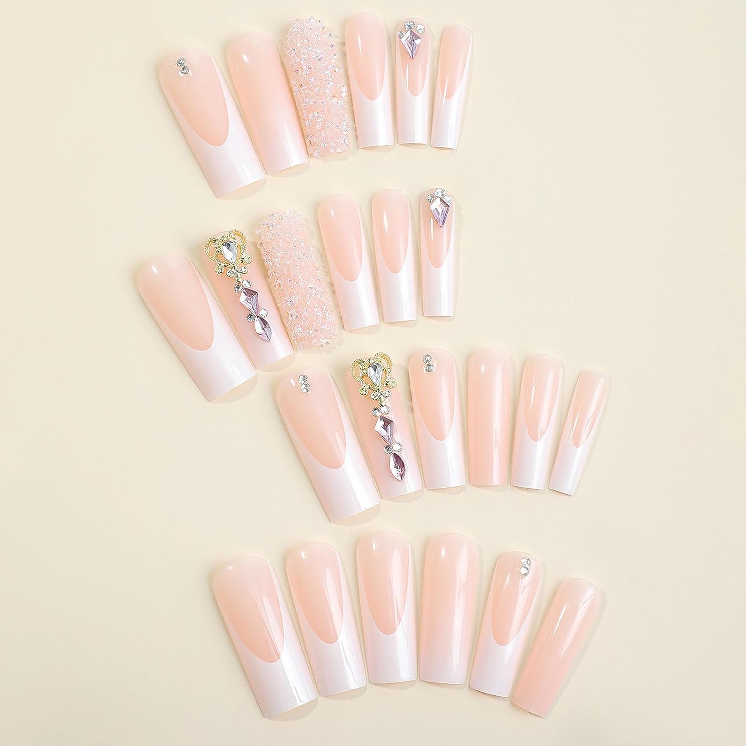 MISUD Press on Nails Long Square Fake Nails Glossy Glue on Nails White French Tip Acrylic Nails Squoval Artificial Nails Rhinestone Stick on False Nails with Bling Glitter Design 24 pcs - Image 2