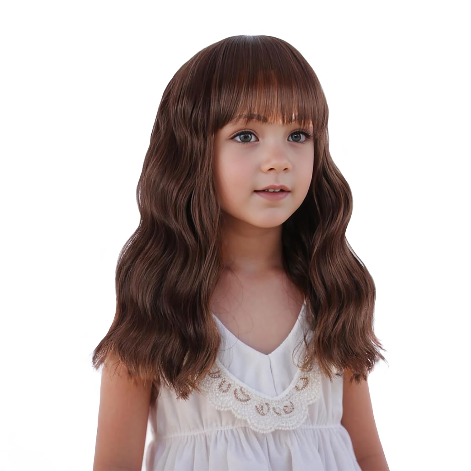 Mixed Brown Wig for Child Short Chocolate Brown Wig with Air Bangs for Girls Short Brown Wavy Curly Wig for Kids Heat Resistant Synthetic Wig with Wig Cap - Image 2