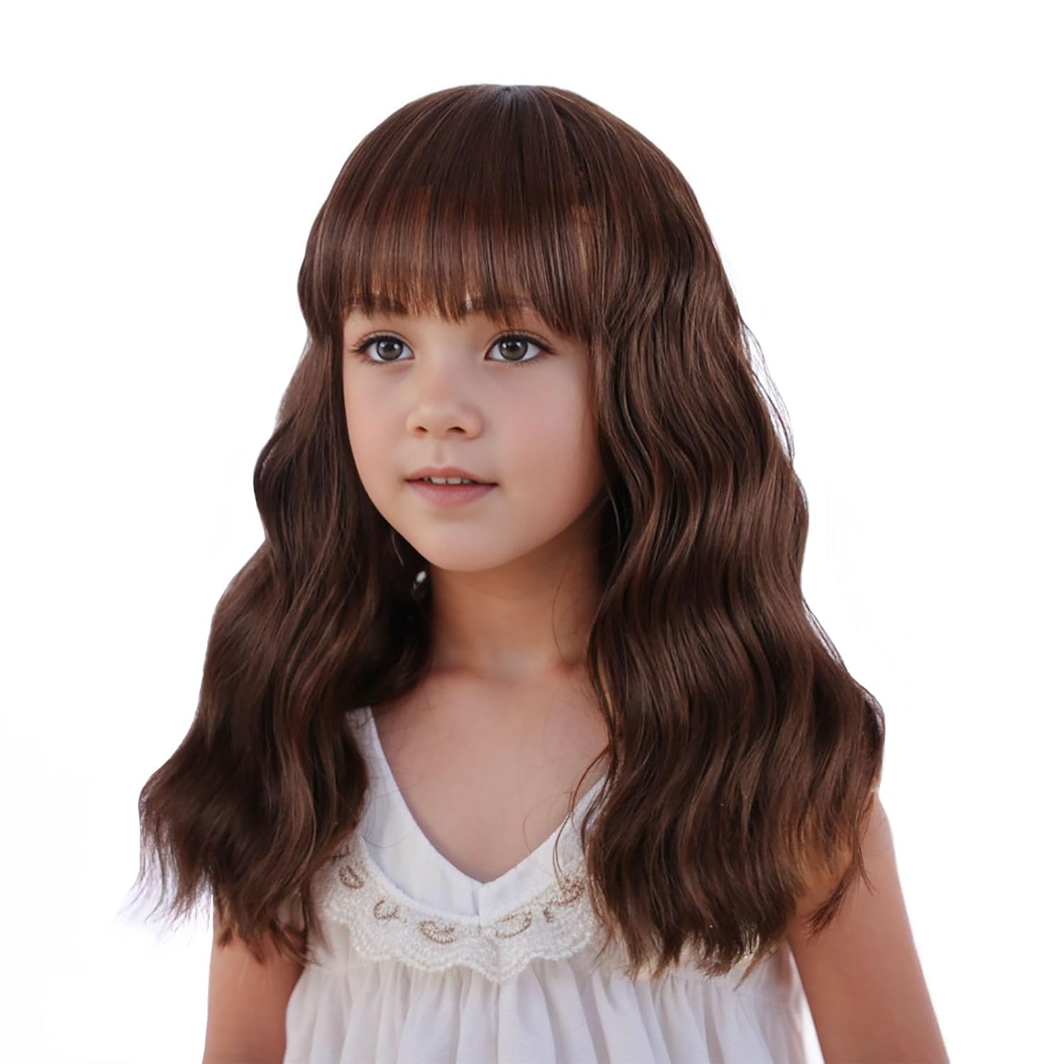Mixed Brown Wig for Child Short Chocolate Brown Wig with Air Bangs for Girls Short Brown Wavy Curly Wig for Kids Heat Resistant Synthetic Wig with Wig Cap - Image 3