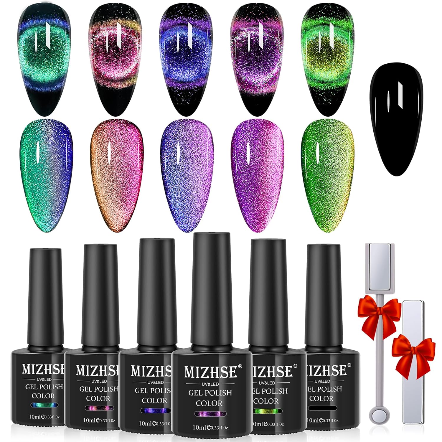 MIZHSE 9D Cat Eye Gel Nail Polish, Magnetic Cat Eye Gel Polish Set, 10ml*6 with 2 Magnets, Classic Colors Chameleon Magic Galaxy Effect Soak off Nail Art, Sparkle Stunning Gel Polish Gift for Women - Image 9