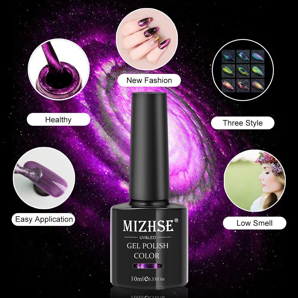 MIZHSE 9D Cat Eye Gel Nail Polish, Magnetic Cat Eye Gel Polish Set, 10ml*6 with 2 Magnets, Classic Colors Chameleon Magic Galaxy Effect Soak off Nail Art, Sparkle Stunning Gel Polish Gift for Women - Image 8