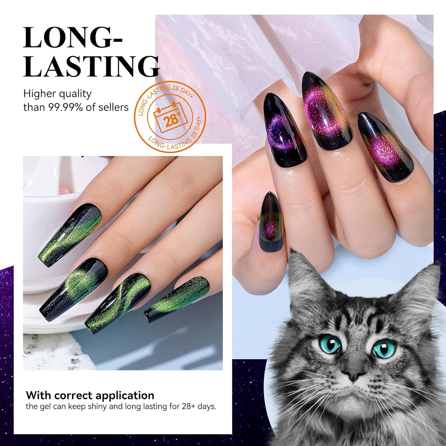 MIZHSE 9D Cat Eye Gel Nail Polish, Magnetic Cat Eye Gel Polish Set, 10ml*6 with 2 Magnets, Classic Colors Chameleon Magic Galaxy Effect Soak off Nail Art, Sparkle Stunning Gel Polish Gift for Women - Image 5