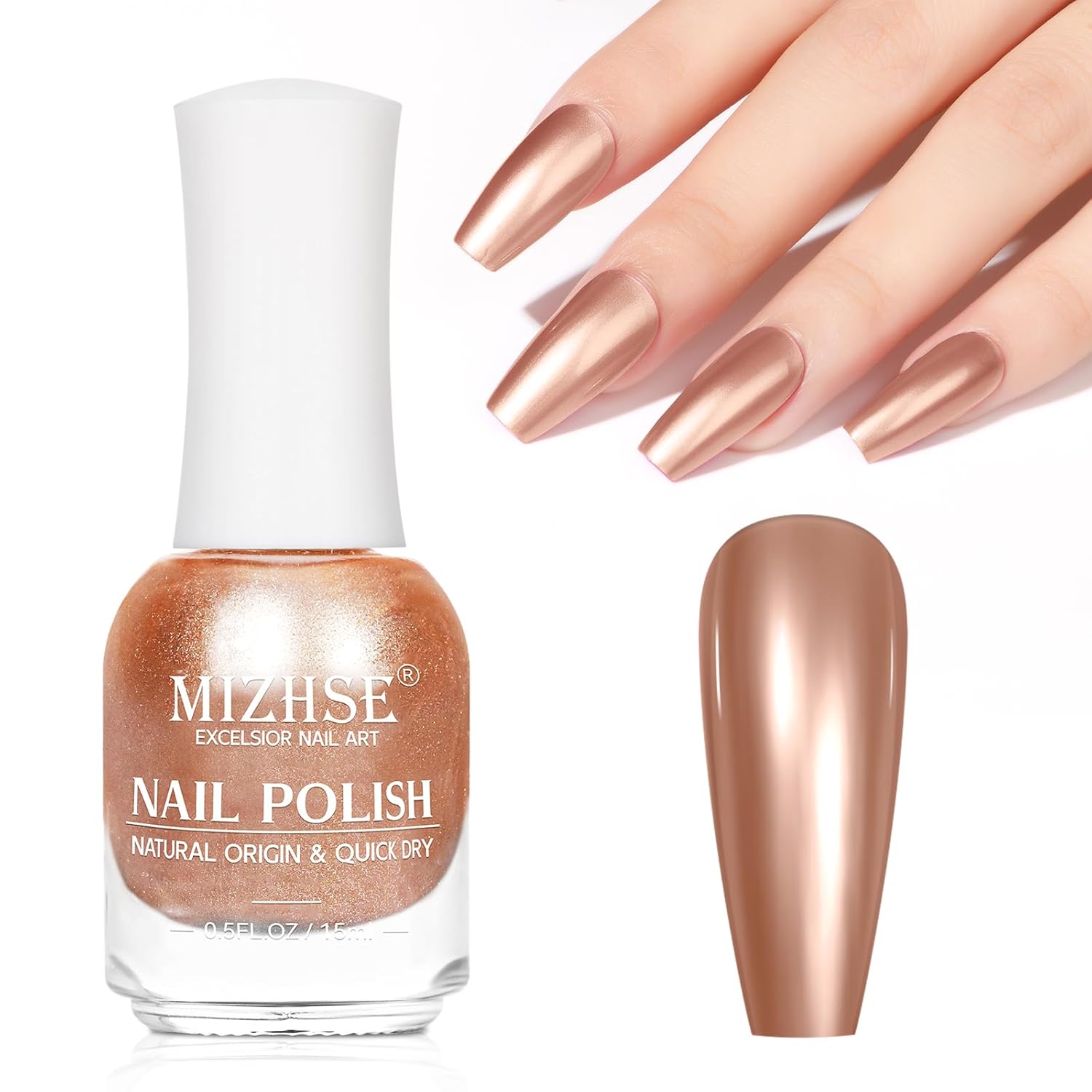 MIZHSE Quick Dry Chrome Nail Polish, Rose Gold Mirror Nail Polish 15ml, Air Dry Fast Mirror Metallic Effect for Fingernail Toenail Manicure Home