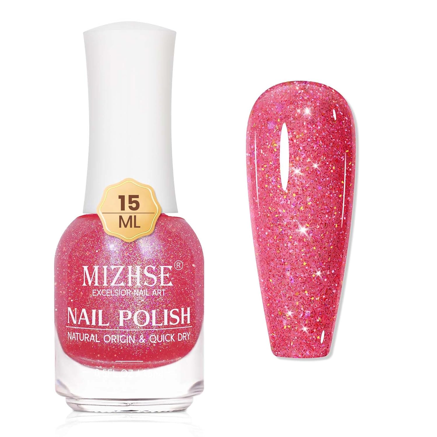 MIZHSE Quick Dry Nail Polish, Shimmery Hot Pink Nail Polish Air Dry Fast, 15ml/0.5 fl oz Regular Sparkle Shiny Water-based Glitter Nail Lacquer Non Gel Full Coverage Nail Art Manicure Home