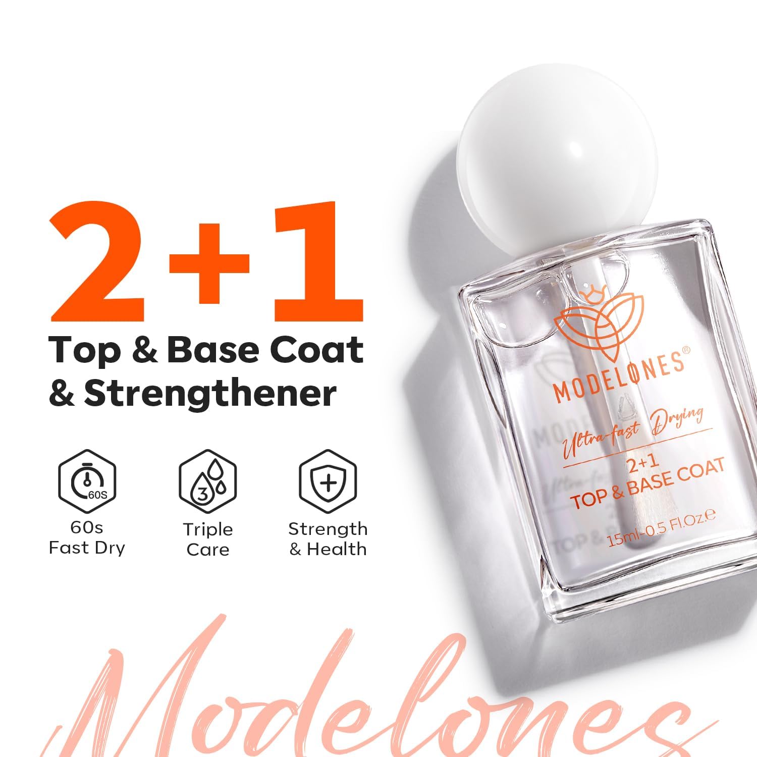 modelones 3-in-One Top Coat and Base Coat Nail Polish, Nail Strengthener, 15 Ml Clear Nail Polish Quick Dry Long Lasting Shine Chip Fade Resistant Nails Protect Care 2025 Gifts for Women - Image 2