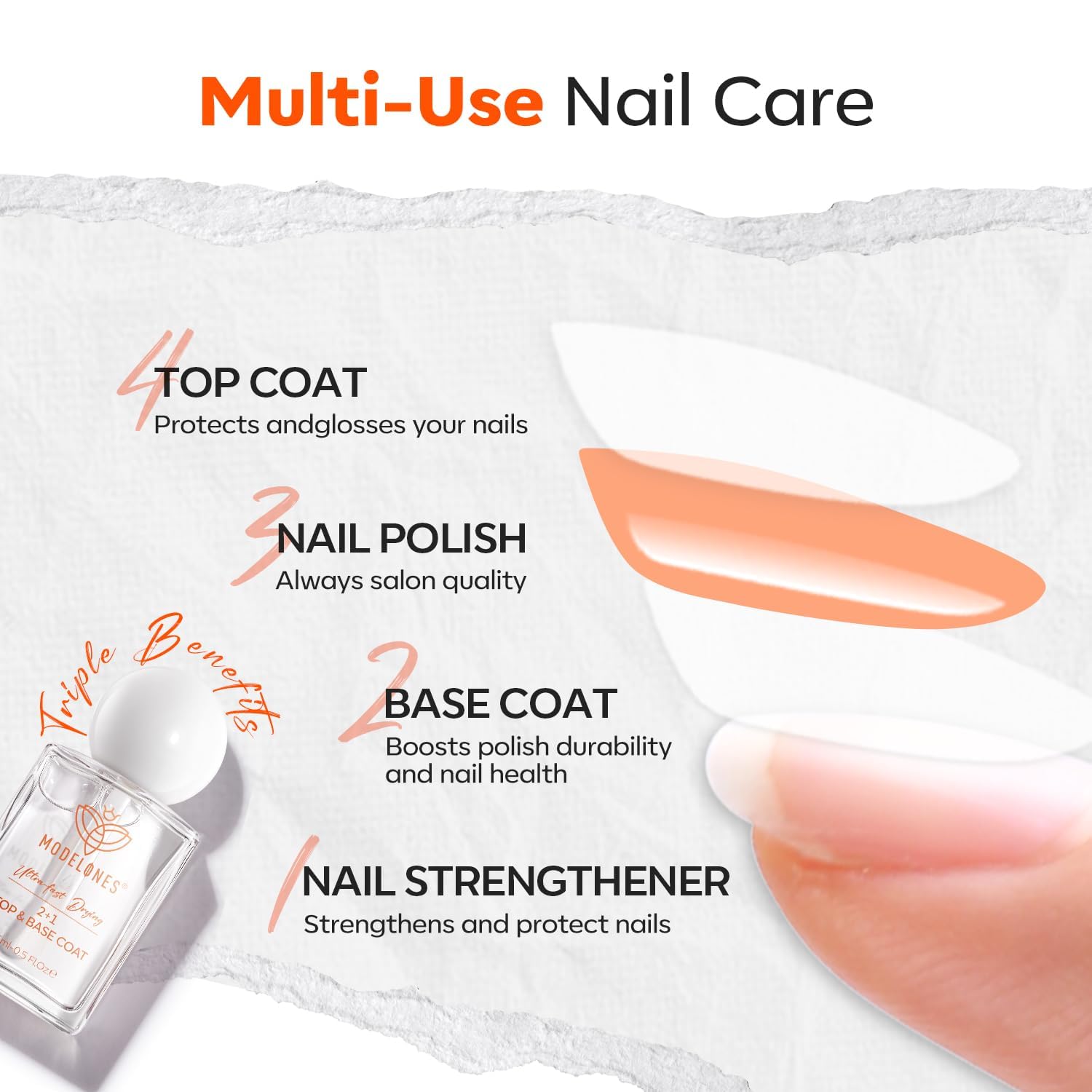 modelones 3-in-One Top Coat and Base Coat Nail Polish, Nail Strengthener, 15 Ml Clear Nail Polish Quick Dry Long Lasting Shine Chip Fade Resistant Nails Protect Care 2025 Gifts for Women - Image 8