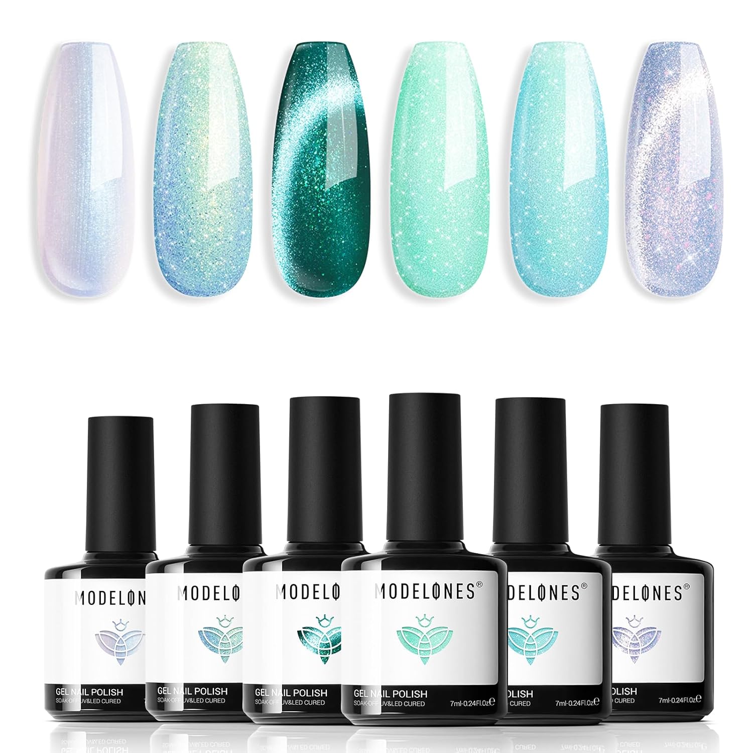 Modelones Gel Nail Polish Set 6 Colors Green Cat Eye Gel Nail Polish White Glitter Light Mint Green Jade Mermaid Pastel Shimmer Polish Soak Off LED Spring Summer Nail Art Salon DIY Gift For Women