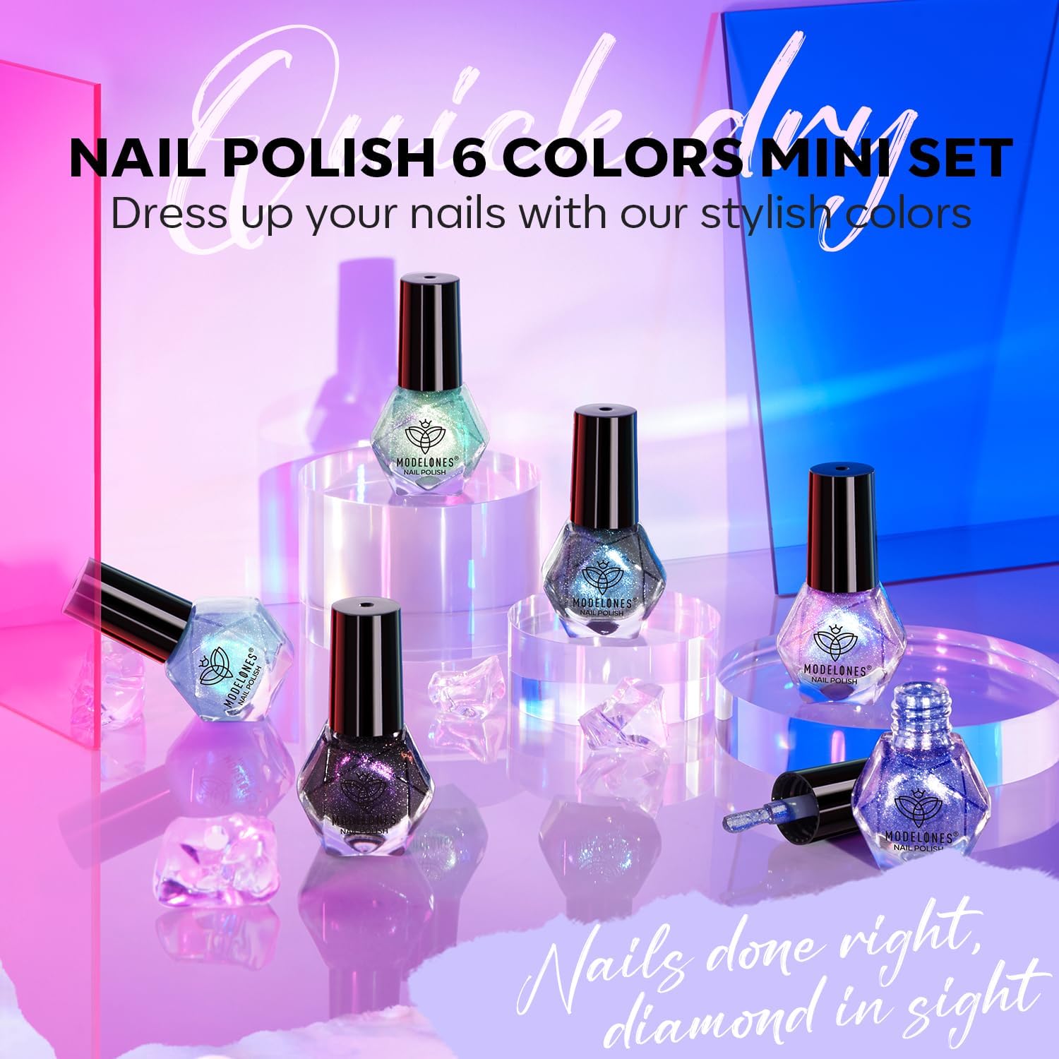 modelones Chameleon Nail Polish Set 6 Colors, Green Glitter Pink Blue Purple Holographic Quick Dry Mini Nail Lacquer Kit Gray Aurora Shimmer DIY Nail Art Manicure Gift For Women Girls - Image 4