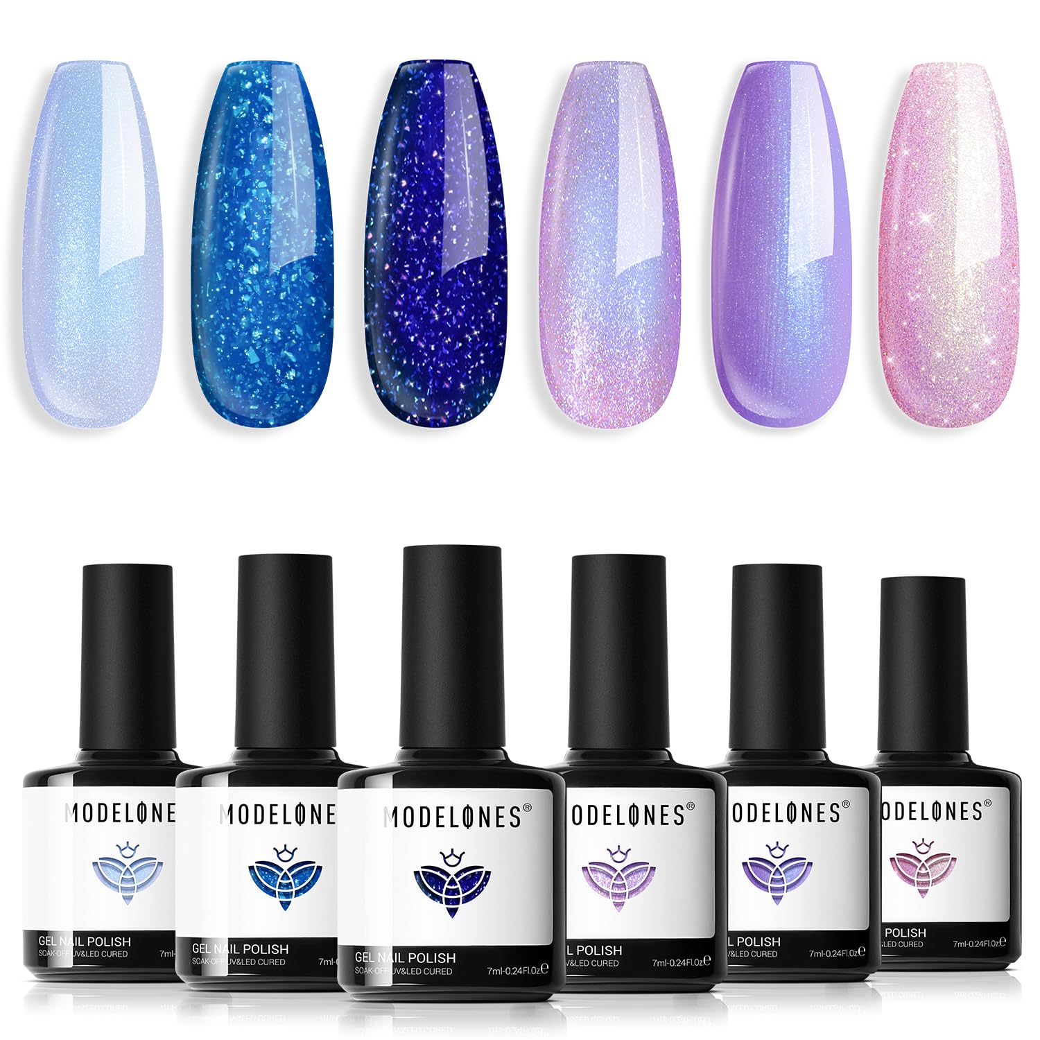 modelones Gel Nail Polish Set 6 Colors Blue Pink Purple Glitter Gel Nail Polish Chameleon White Sparkle Shimmer Reflective Glitter Polish Soak Off UV Spring Nail Art DIY Salon Gifts For Women Girl