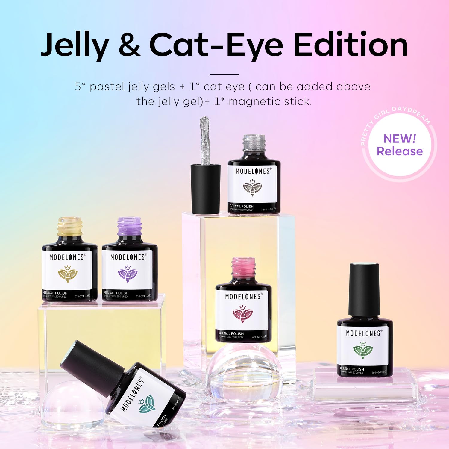modelones Gel Nail Polish Set, 6 Colors Silver Cat Eye Gel Polish Translucent Pastel Sheer Pink Yellow Lavender Purple Baby Blue Mint Green Jelly Nail Polish Summer with Magnet LED Manicure DIY Gift - Image 5