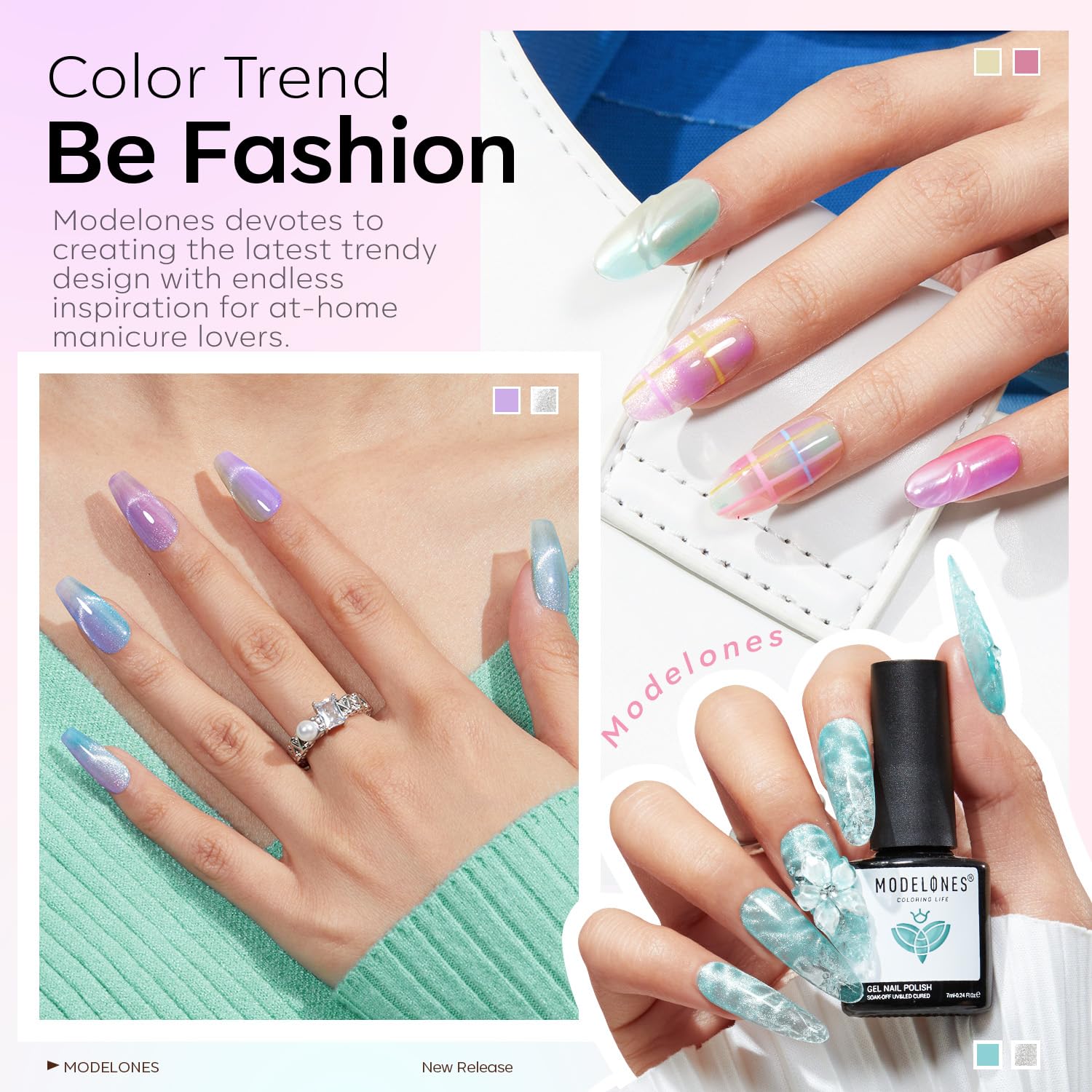 modelones Gel Nail Polish Set, 6 Colors Silver Cat Eye Gel Polish Translucent Pastel Sheer Pink Yellow Lavender Purple Baby Blue Mint Green Jelly Nail Polish Summer with Magnet LED Manicure DIY Gift - Image 3