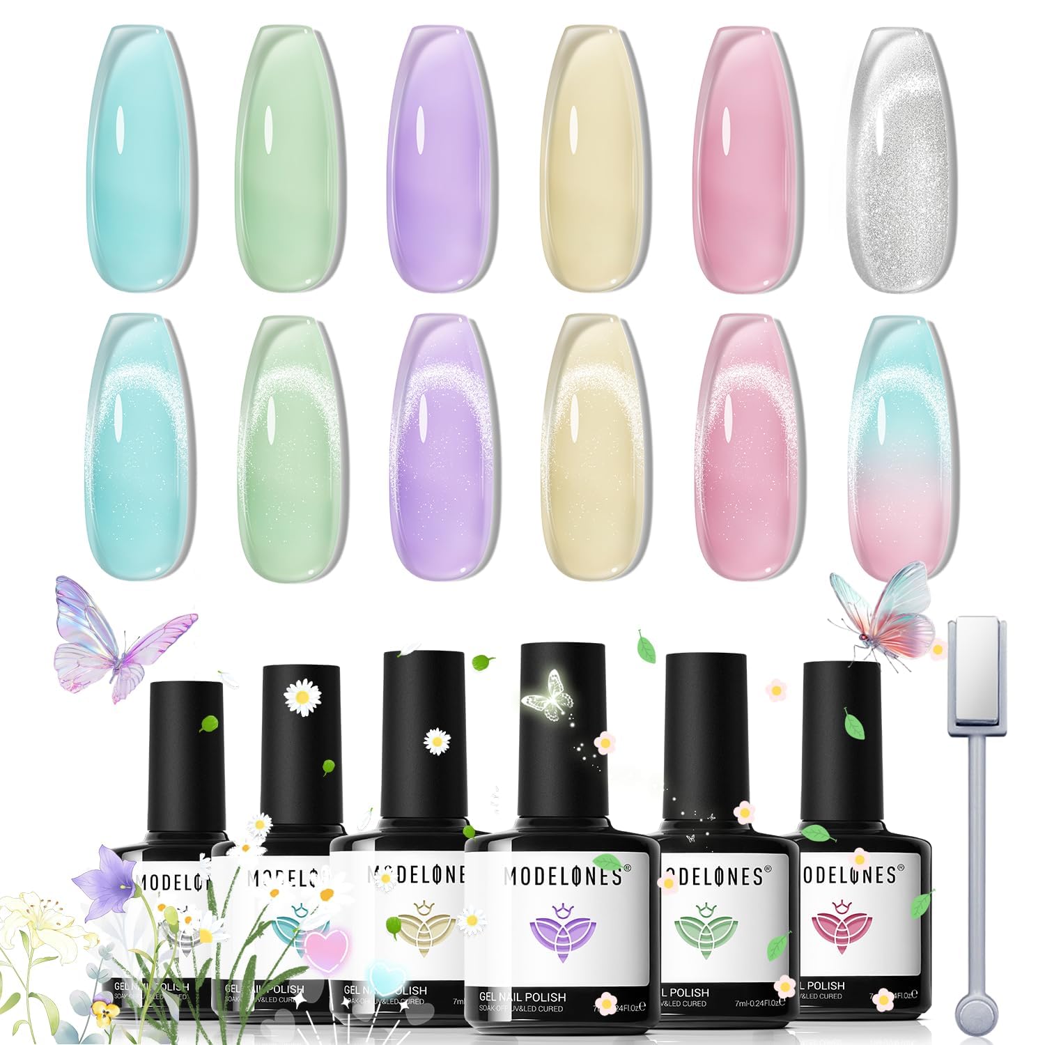 modelones Gel Nail Polish Set, 6 Colors Silver Cat Eye Gel Polish Translucent Pastel Sheer Pink Yellow Lavender Purple Baby Blue Mint Green Jelly Nail Polish Summer with Magnet LED Manicure DIY Gift