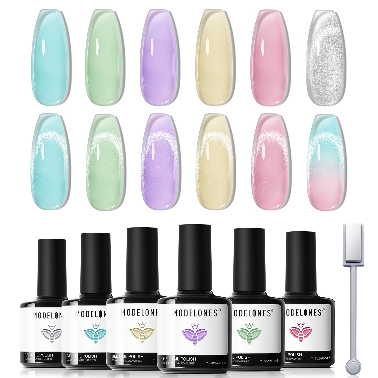 modelones Gel Nail Polish Set, 6 Colors Silver Cat Eye Gel Polish Translucent Pastel Sheer Pink Yellow Lavender Purple Baby Blue Mint Green Jelly Nail Polish Summer with Magnet LED Manicure DIY Gift - Image 9