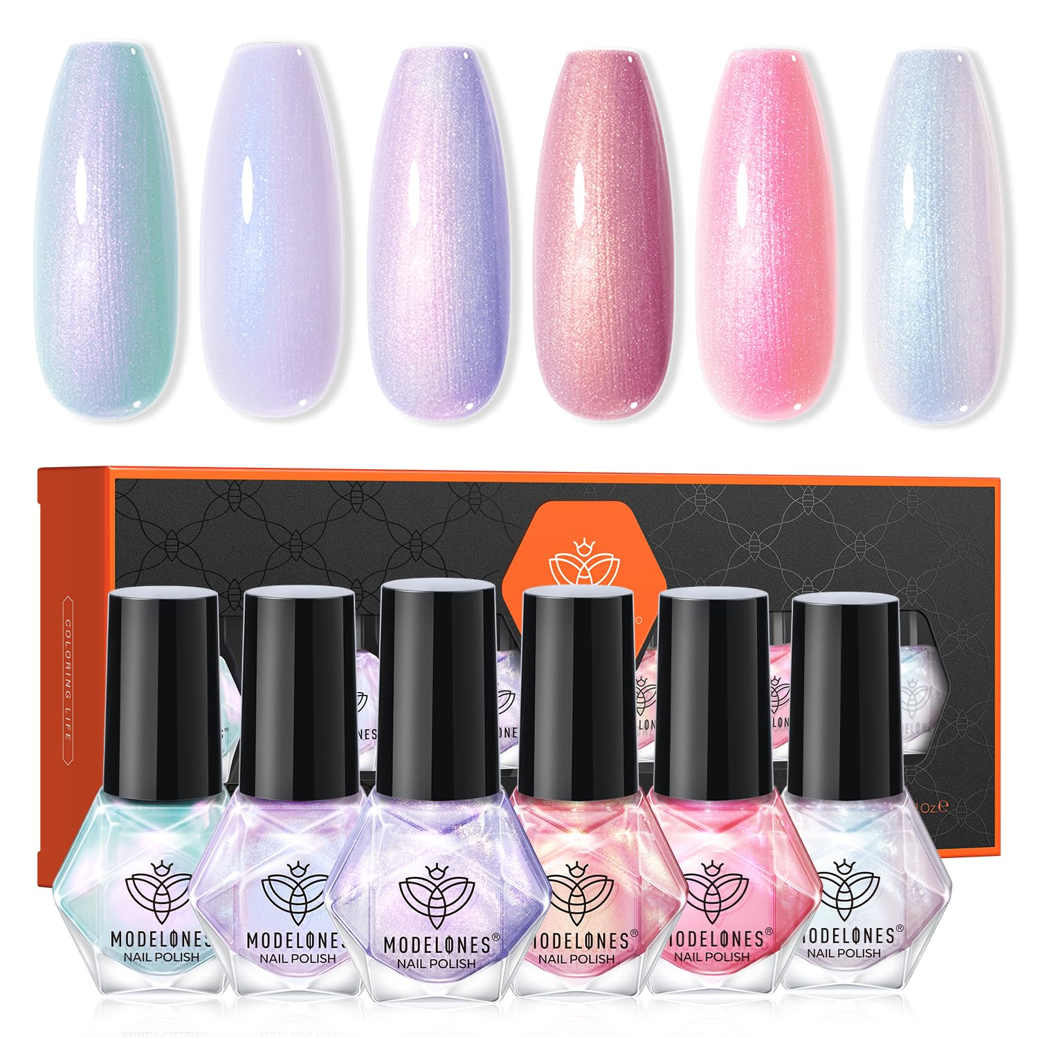 modelones Nail Polish Set, 6 Colors Chrome Nail Polish 2025 Spring Pearl Shimmer Pink Purple White Aurora Iridescent Green Quick Dry Nail Polish Kit Mothers Day Gifts for Women Salon DIY Manicure Kit