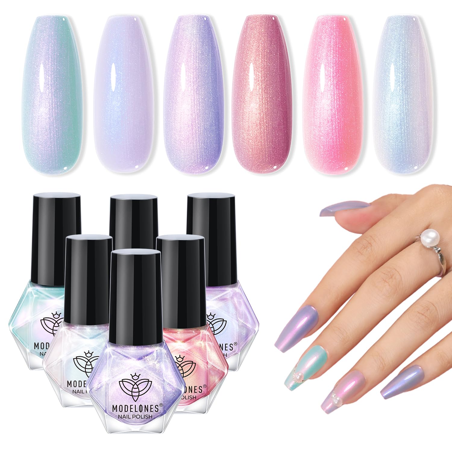 modelones Nail Polish Set, 6 Colors Chrome Nail Polish 2025 Spring Pearl Shimmer Pink Purple White Aurora Iridescent Green Quick Dry Nail Polish Kit Mothers Day Gifts for Women Salon DIY Manicure Kit - Image 9