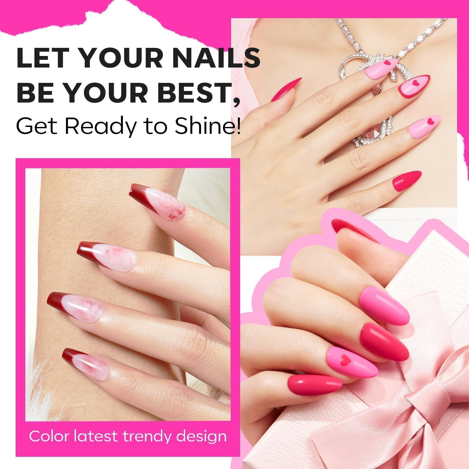 modelones Pink Nail Polish 6 Colors Hot Pink Tones Neon Shades Magenta Light Soft to Dark 2025 Spring Summer Nail Art Design for Women Girl Nail Lovers Valentine's Day Gift Salon DIY Manicure Kit - Image 2