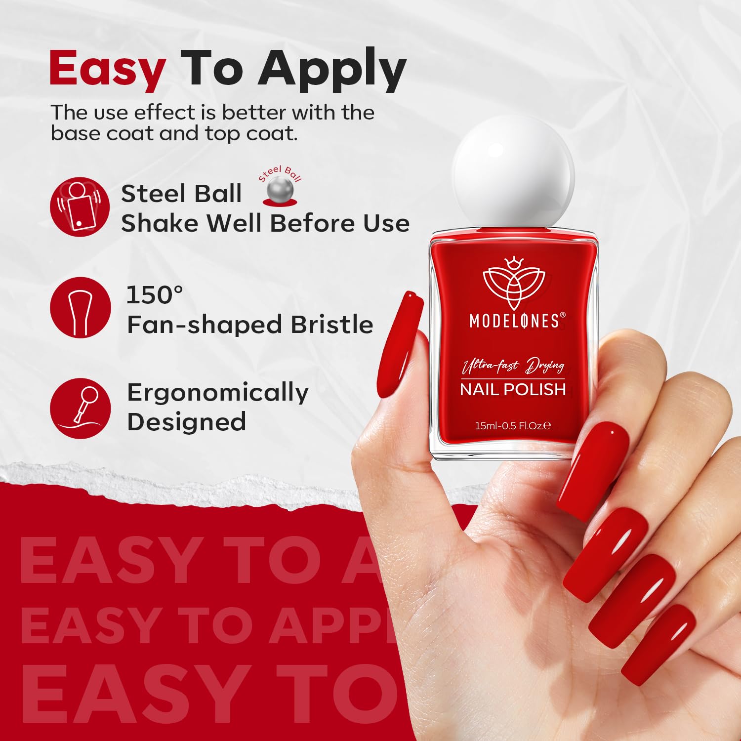 modelones Red Nail Polish, 15 ml Classic Vibrant Red Quick Dry Nail Lacquer Strengthener Long Last Shine Fingernail Toe Nail Art DIY Home Travel Manicure Gift for Women Girls 0.5 Fl Oz - Image 5