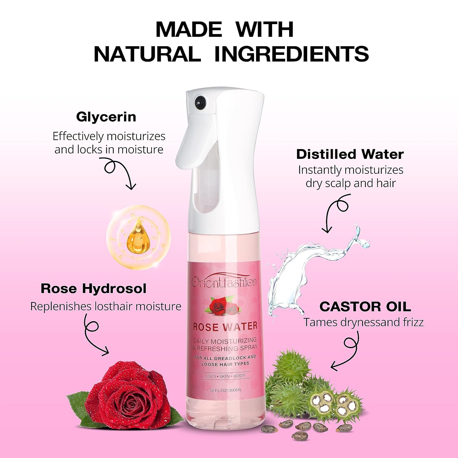 Moisturizing Refreshing Spray for Locs- Rose Water Hair Scalp Moisturizer, Castor Oil- Natural Loc Care and Maintenance (Rose, 10 Fl oz) - Image 3