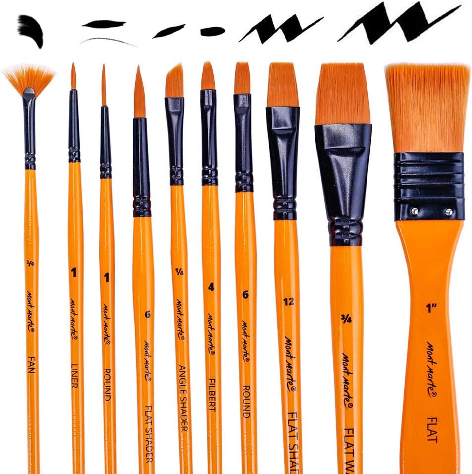 Mont Marte Art Paint Brushes Set for Painting, 10 Variety of Brushes Types for Class, Kids, Artists- Nice Art Brushes for Acrylic Painting