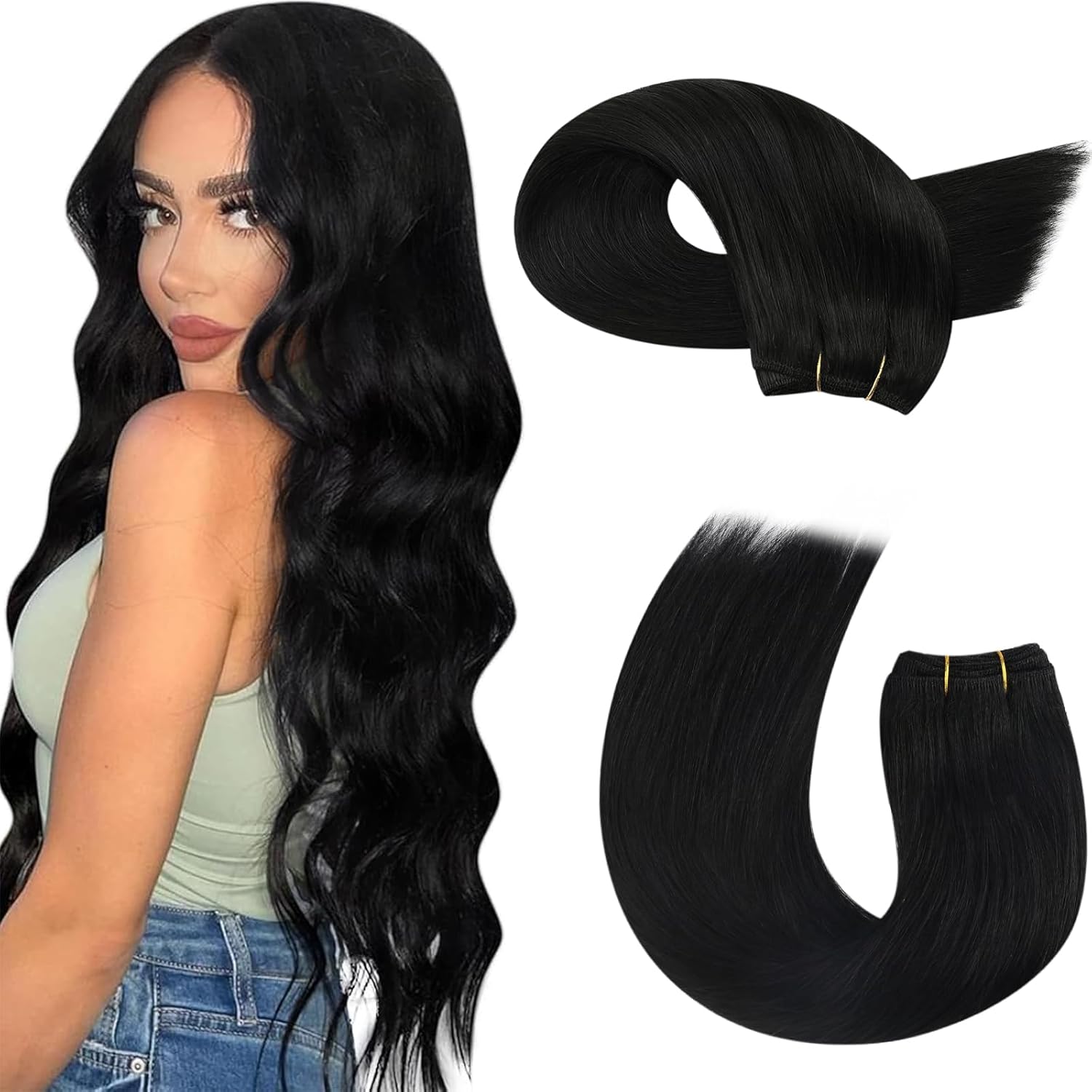Moresoo Sew in Hair Extensions Real Human Hair Black Women Straight Remy Hair Weft Extensions Jet Black Weft Hair Extensions Human Hair Long 100G 20 Inch