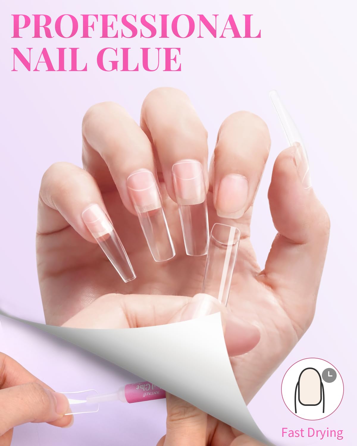 MORGLES 500 Pcs Clear Acrylic Nail Tips Square Full Cover with Nail Clipper Files and Glues Cuticle Fork for Home DIY with Box - Image 4