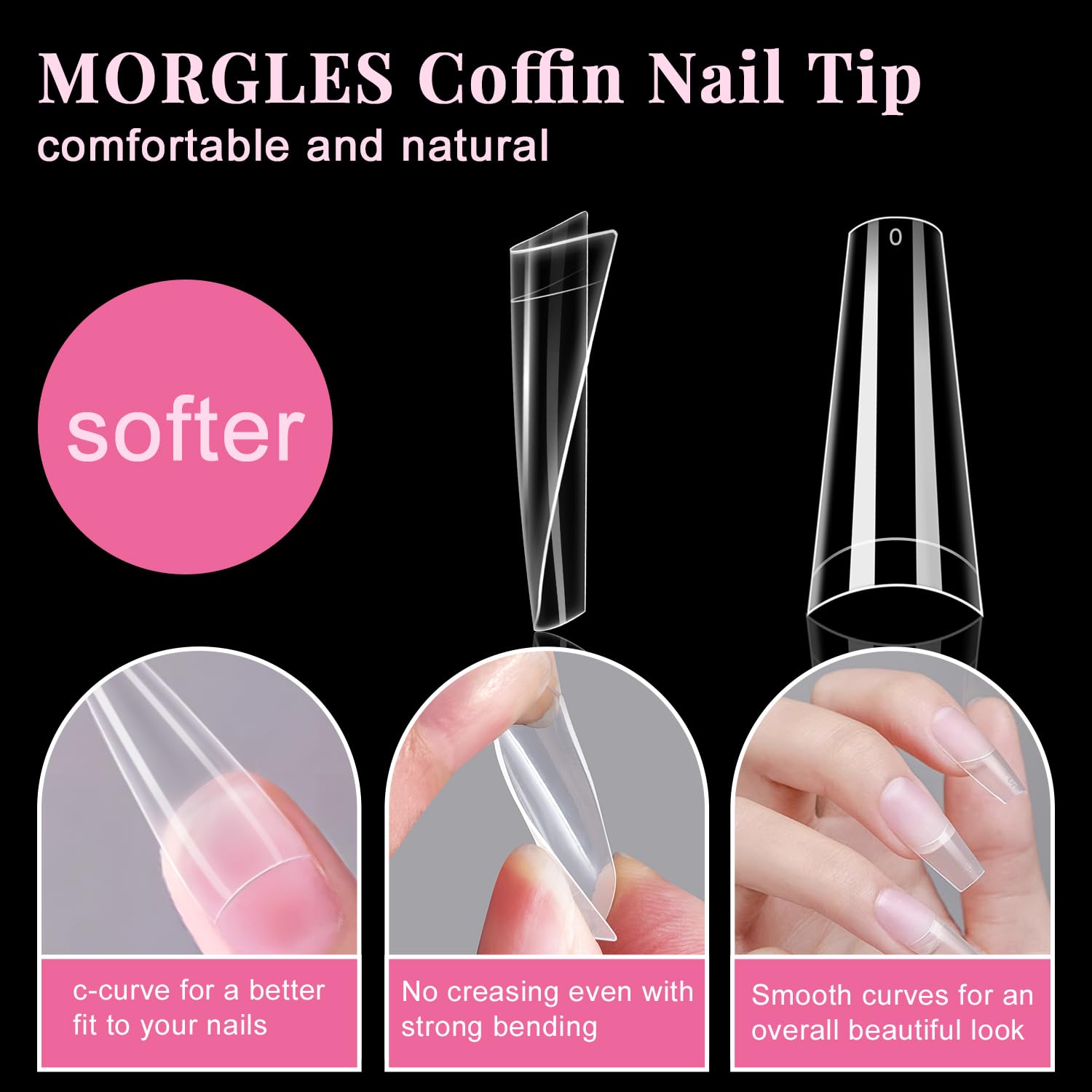 MORGLES Half Cover Coffin Nail Tips Set, 500 Pcs Clear Acrylic Nail Tips, with Glue, Clipper, Files, Cuticle Pusher and Fork for Salons and Home DIY with Box - Image 3