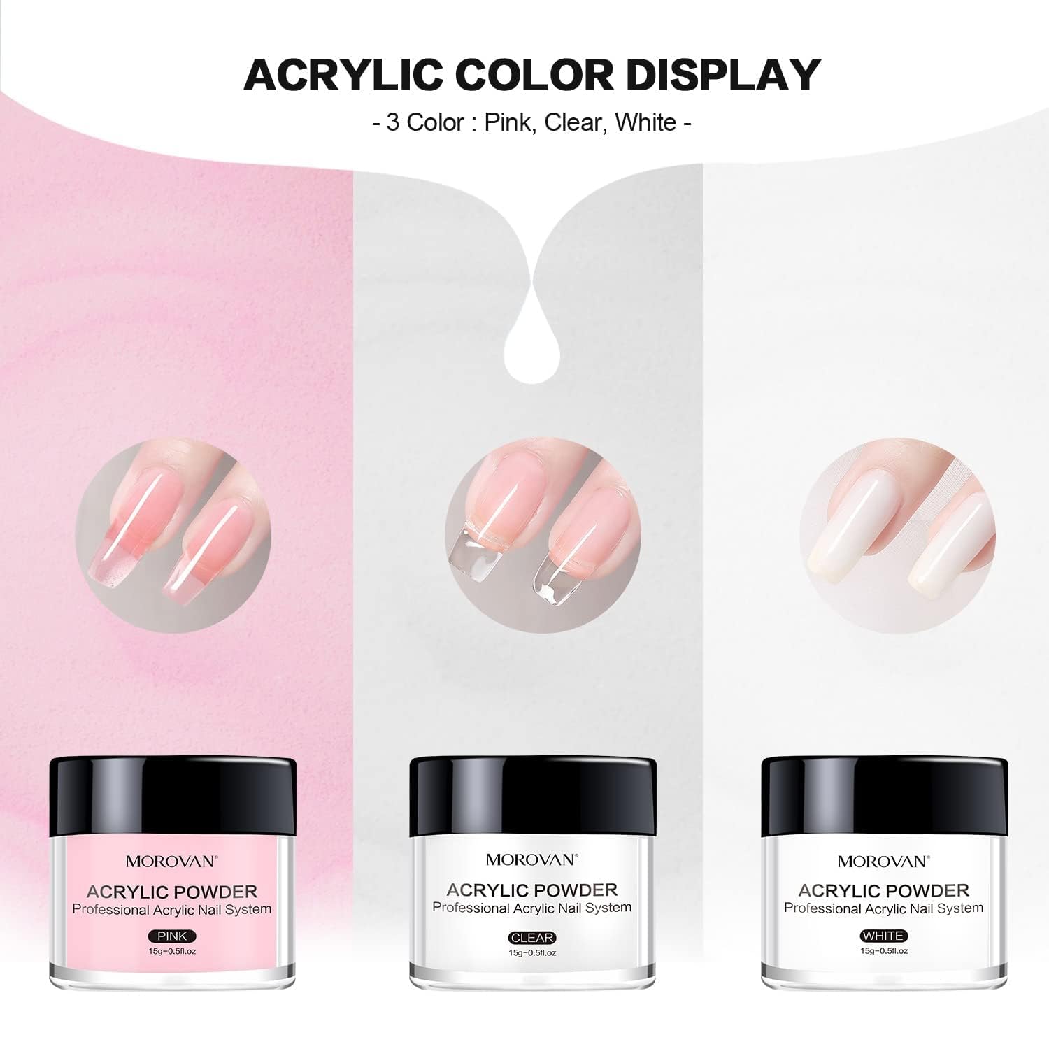 Morovan Acrylic Nail Kit: Clear Pink White Powder and Professional Liquid Set for Nail Extension - DIY at Home With Brush for Beginners - Image 6