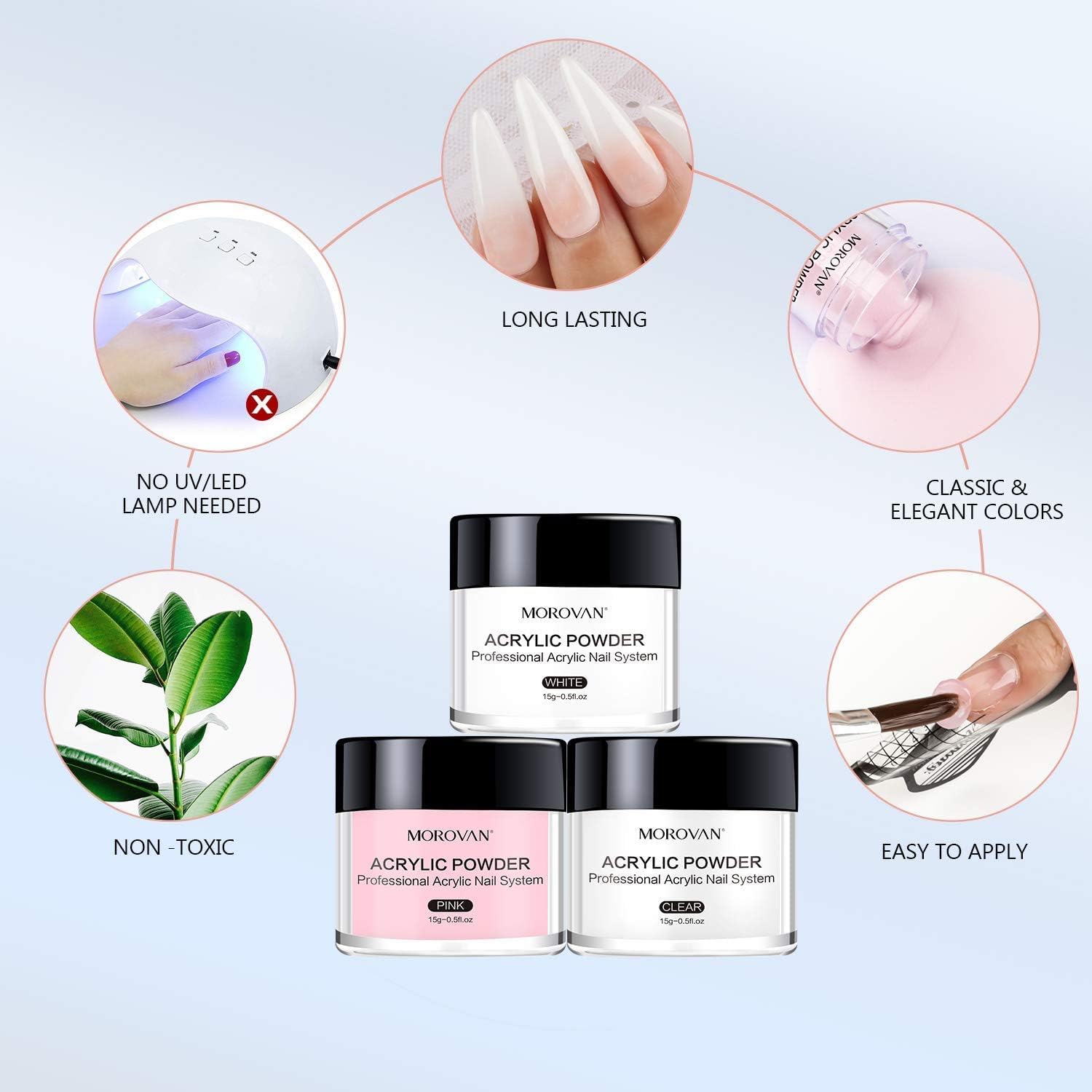 Morovan Acrylic Nail Kit: Clear Pink White Powder and Professional Liquid Set for Nail Extension - DIY at Home With Brush for Beginners - Image 4
