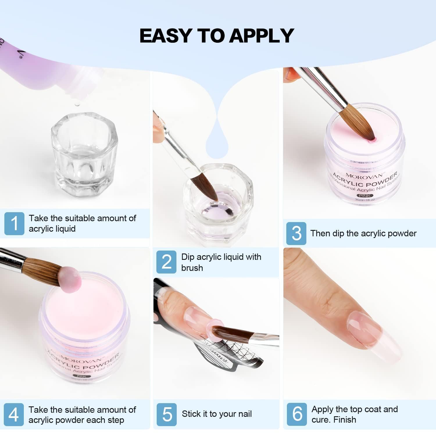 Morovan Acrylic Nail Kit: Clear Pink White Powder and Professional Liquid Set for Nail Extension - DIY at Home With Brush for Beginners - Image 7