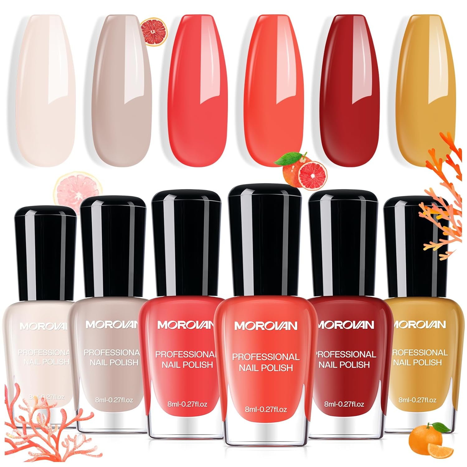 Morovan Coral Nail Polish Set: Grapefruit Maple Leaf Yellow Nude Orange Pink Red Peach Peachy Nail Polish Bulk Quick Air Dry Mini Toe Pack DIY Art Salon Summer Gift for Women