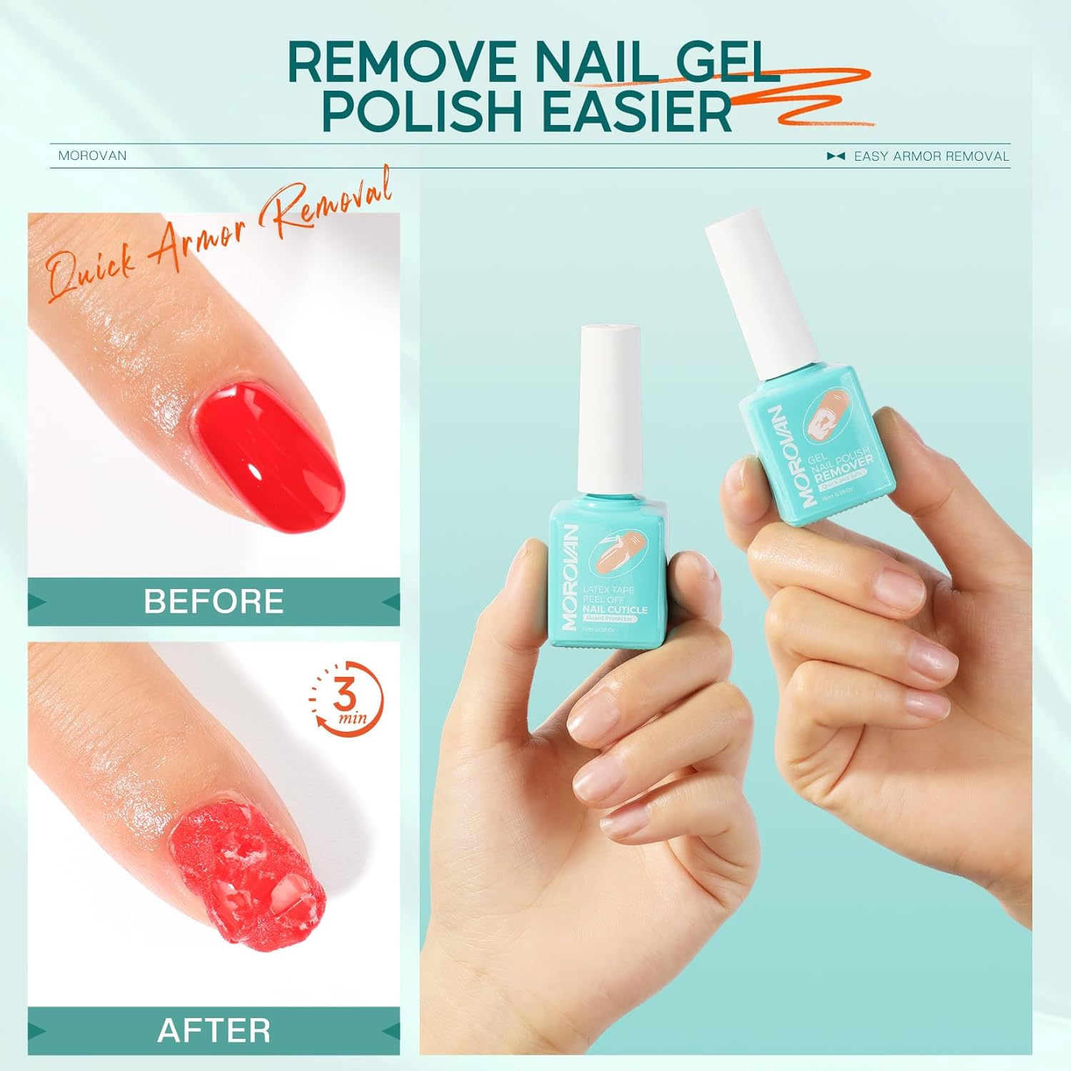 Morovan Gel Polish Remover Kit: Gel Polish Remover Set with Latex Tape Peel Off Liquid with Peeler Cuticle Oil Nail File Cuticle Pusher Cleaner Easy & Effective Removal in 3-5 Minutes. - Image 3