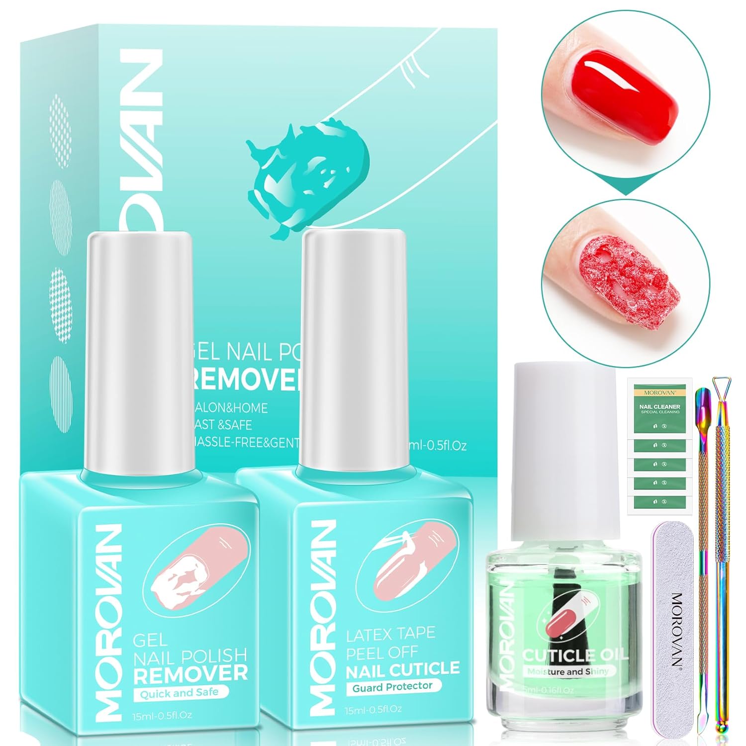 Morovan Gel Polish Remover Kit: Gel Polish Remover Set with Latex Tape Peel Off Liquid with Peeler Cuticle Oil Nail File Cuticle Pusher Cleaner Easy & Effective Removal in 3-5 Minutes.