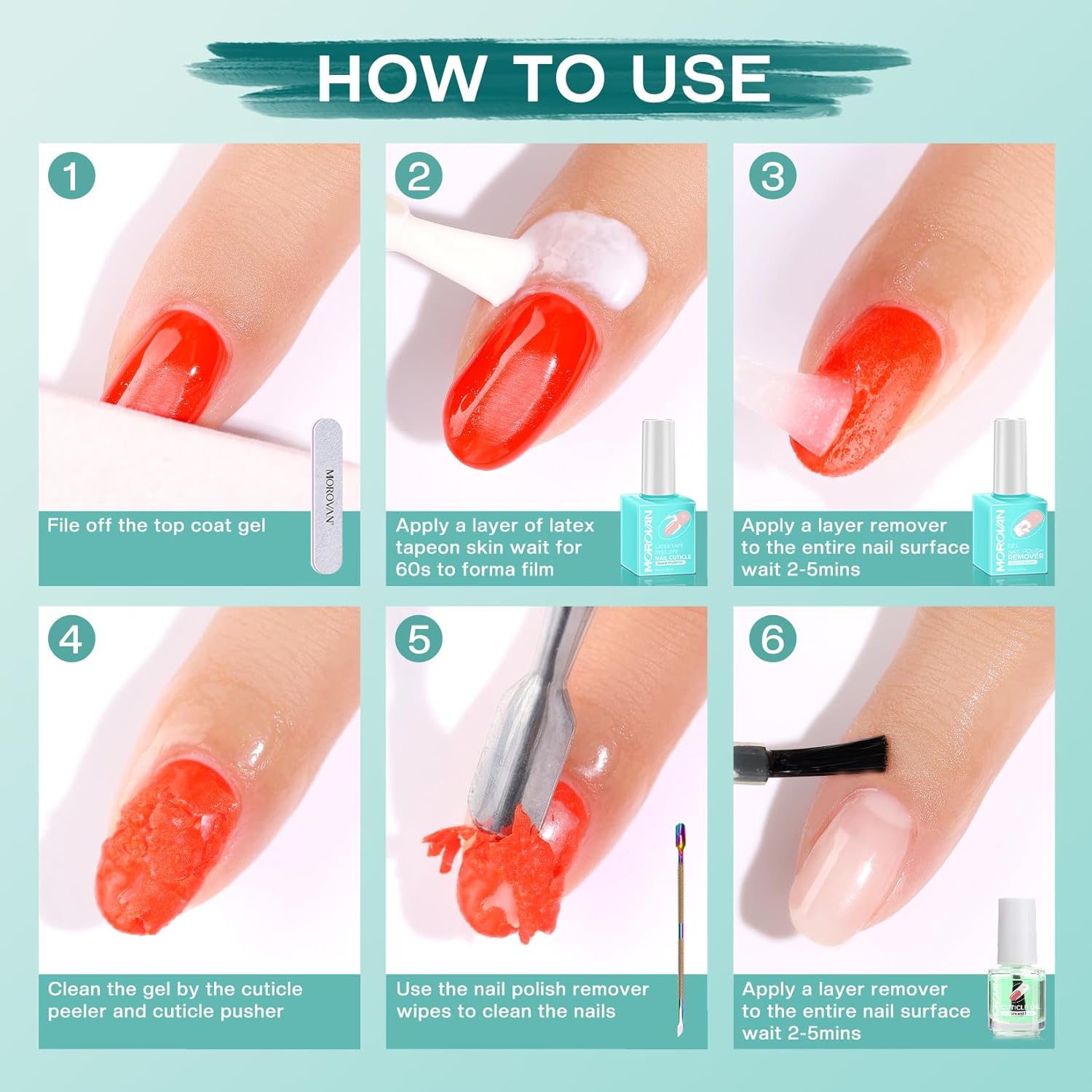 Morovan Gel Polish Remover Kit: Gel Polish Remover Set with Latex Tape Peel Off Liquid with Peeler Cuticle Oil Nail File Cuticle Pusher Cleaner Easy & Effective Removal in 3-5 Minutes. - Image 8