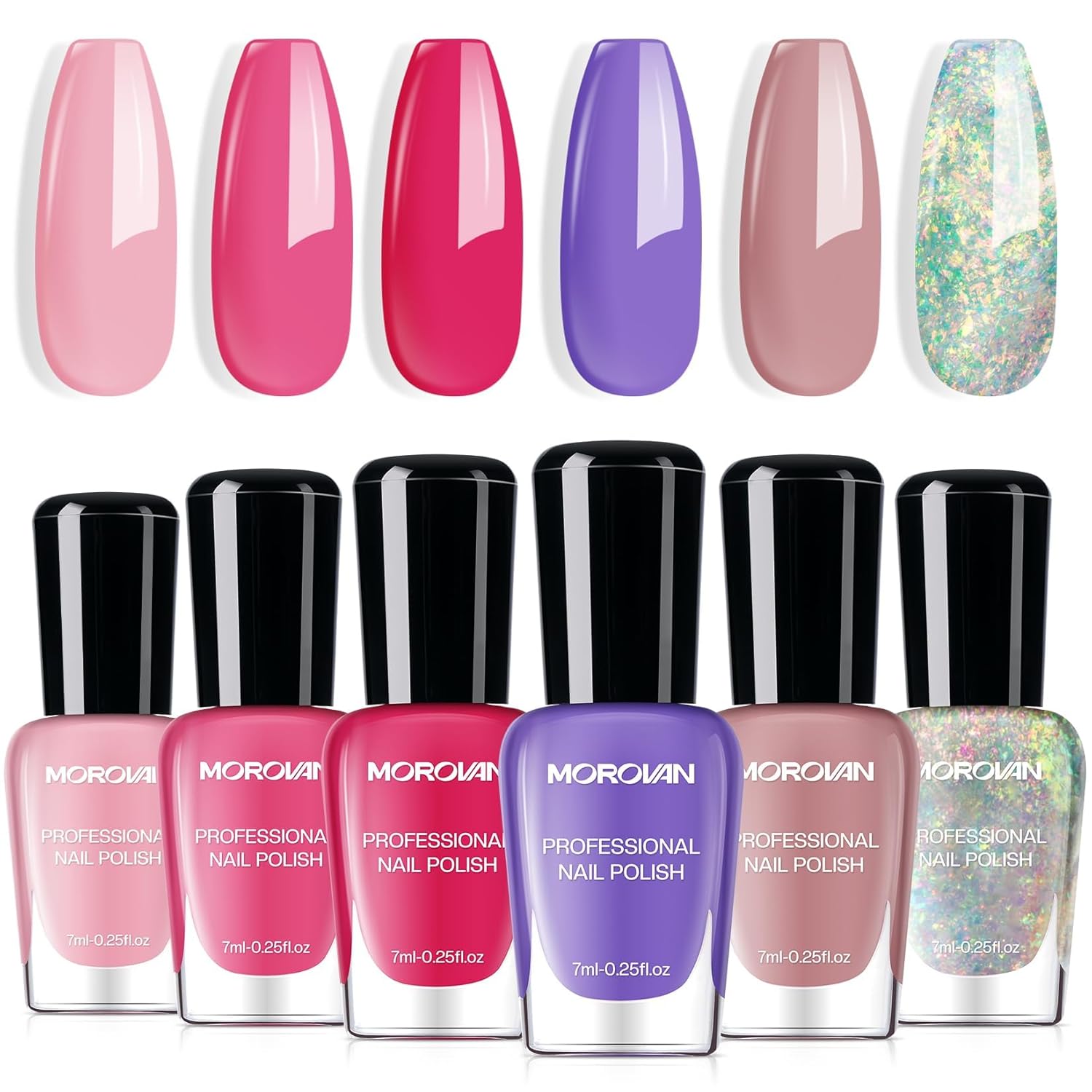 Morovan Nail Polish Set Fingernail: Pink Glitter Quick Dry Nail Polish Kit Regular Nail Polish Bulk 0.25 oz Finger Nail Polish Pack Glossy Toenail Polish at Home Nail Polish Gifts for Women