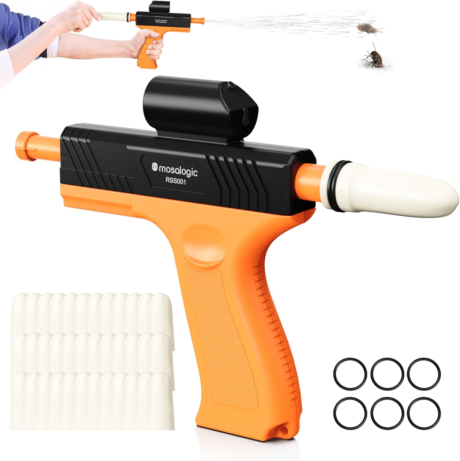 Mosalogic Bug Salt Gun Fly Killer Salt-Powered Houseflies Remover for Indoor/Outdoor Use, 150 Shots, Ages 14+ for Christmas, Halloween, Thanksgiving-Black Over Orange