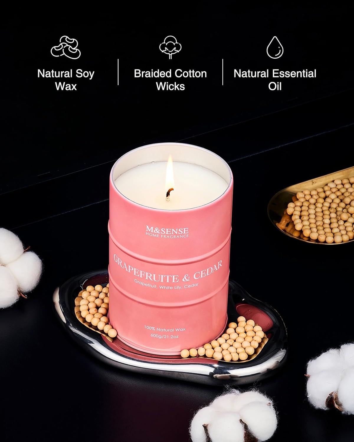 M&SENSE Grapefruit Cedar Scented Candles Large, Natural Soy Candles 21.2oz 120 Hour Slow Burning, Highly Scented Citrus Candles for Bathroom, Fresh Smelling Ordor Elimator Candle for Home - Image 3