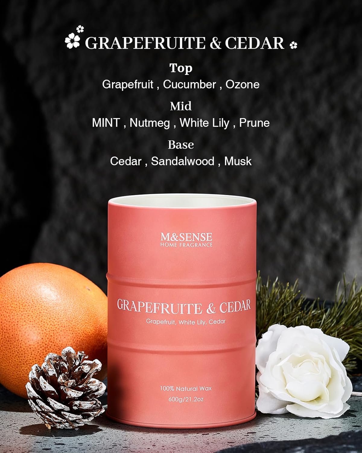 M&SENSE Grapefruit Cedar Scented Candles Large, Natural Soy Candles 21.2oz 120 Hour Slow Burning, Highly Scented Citrus Candles for Bathroom, Fresh Smelling Ordor Elimator Candle for Home - Image 2